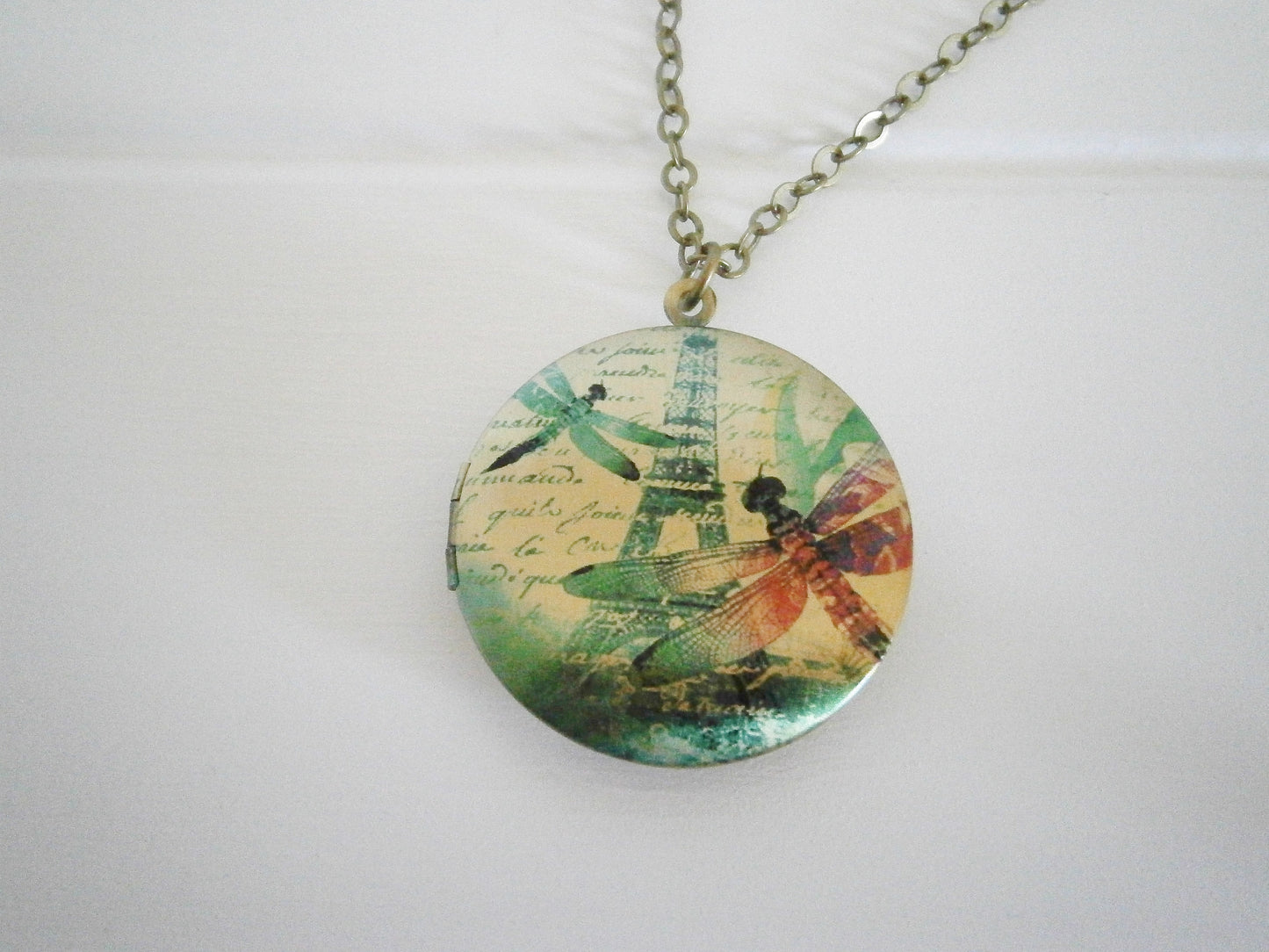 Eiffel Tower with Dragonflies Picture Locket Necklace/Antique Bronze Locket with detailed Photo of Eiffel Tower with Dragonflies/Necklace