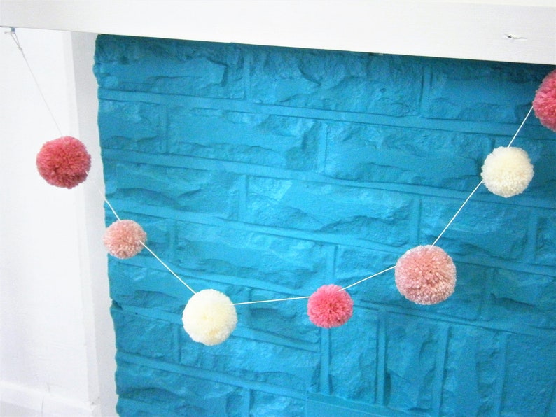 Cream & Pink Large Yarn Pom Pom Garland/Party Decor/Home Decor/Rustic Decor/Garland/Bohemian Home Decor/Farmhouse Decor (Copy)