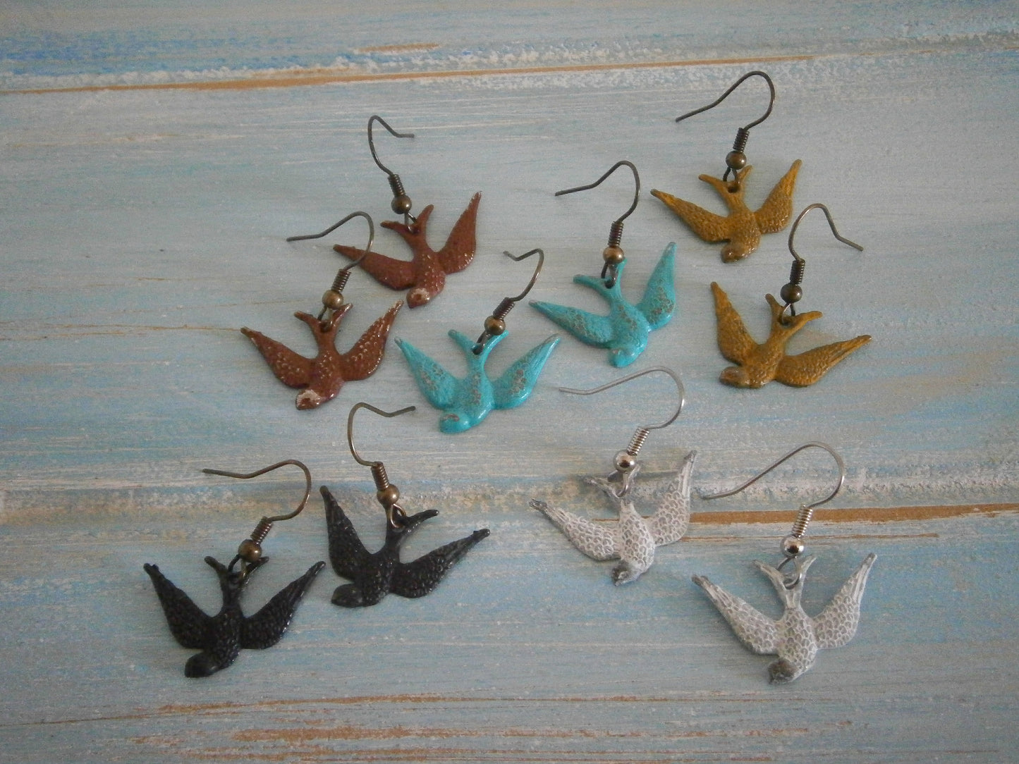 Black Bird/Black Painted Patina Swallow Bird Charm On Antique Bronze Plated Earwires/Boho Jewelry/Nature Inspired/Woodland Jewelry/Patina Jewelry