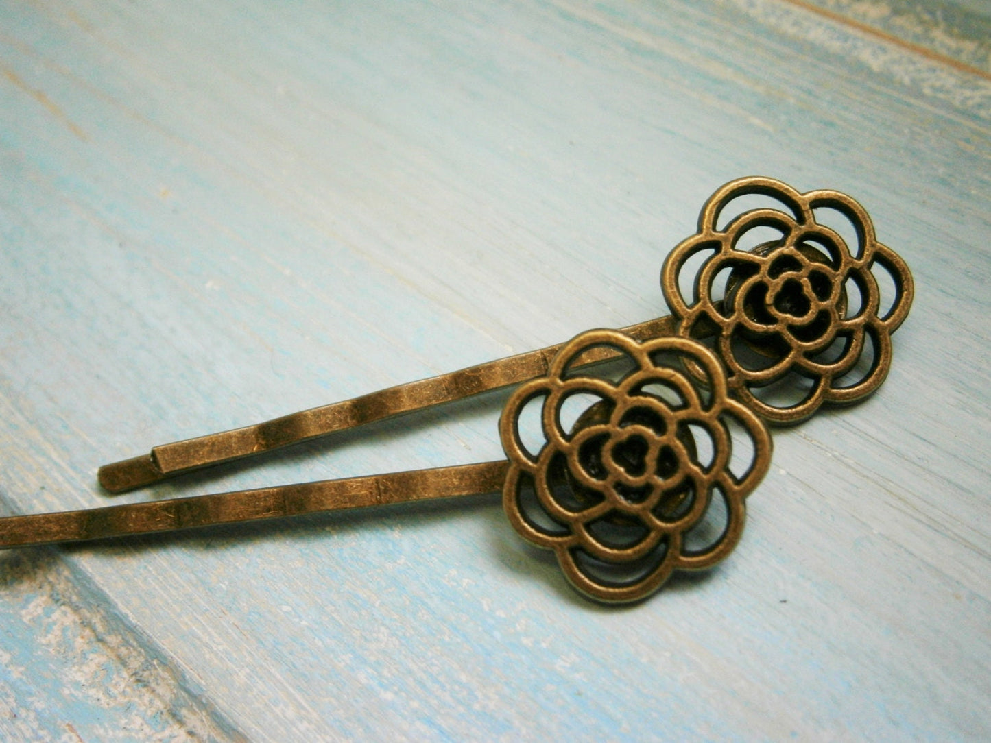 Antique Bronze Set of 2 Filigree Flower Bobby Pins, Flower Hair Clips, Boho Hair Clips, Rustic Wedding Hair, Wedding Hair Accessories