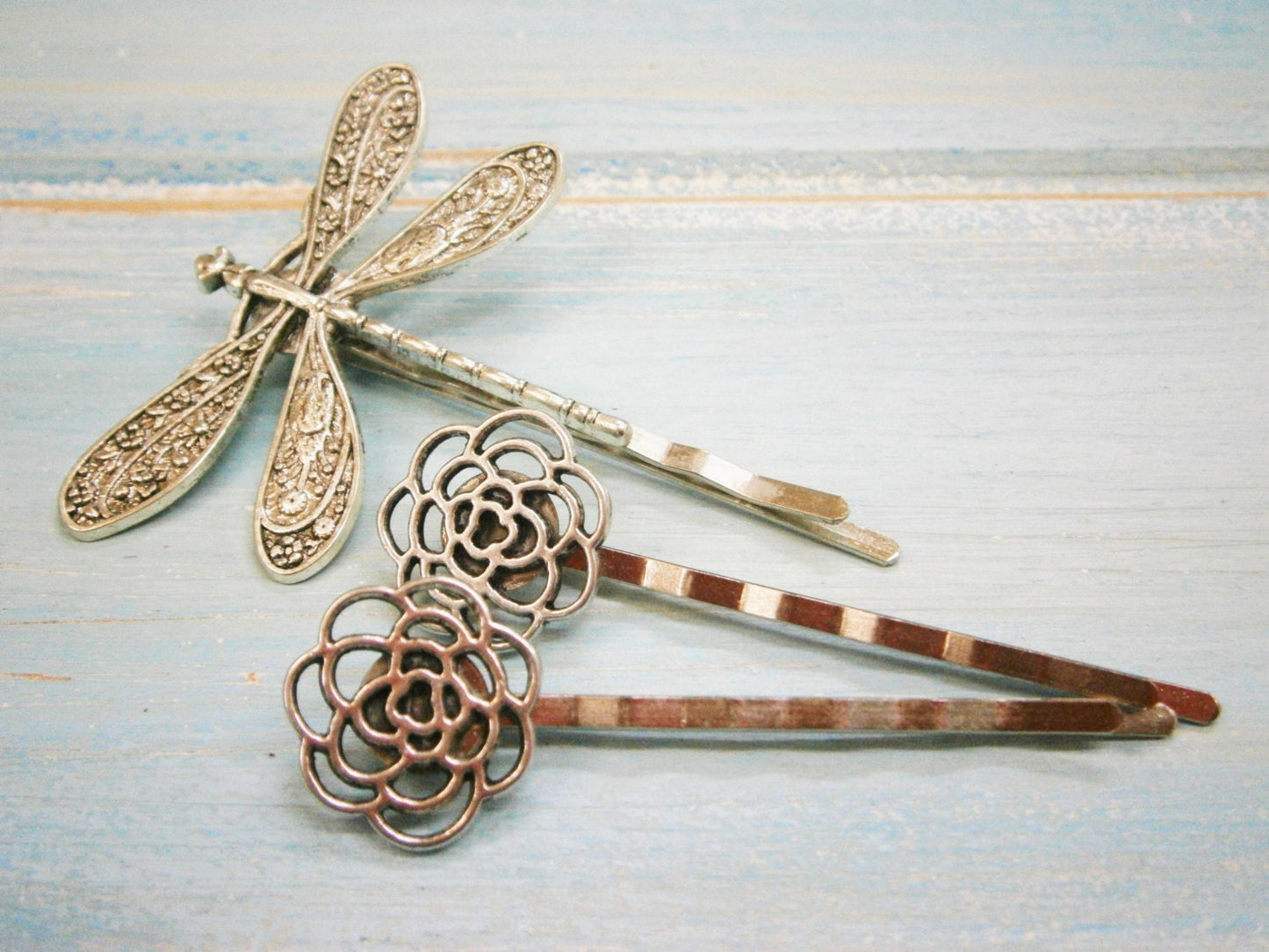 Antique Silver Plated Dragonfly & Filigree Flower Bobby Pin Set, Boho Hair Clip, Boho Hair Accessories, Wedding Hair Accessories, Hair Clips