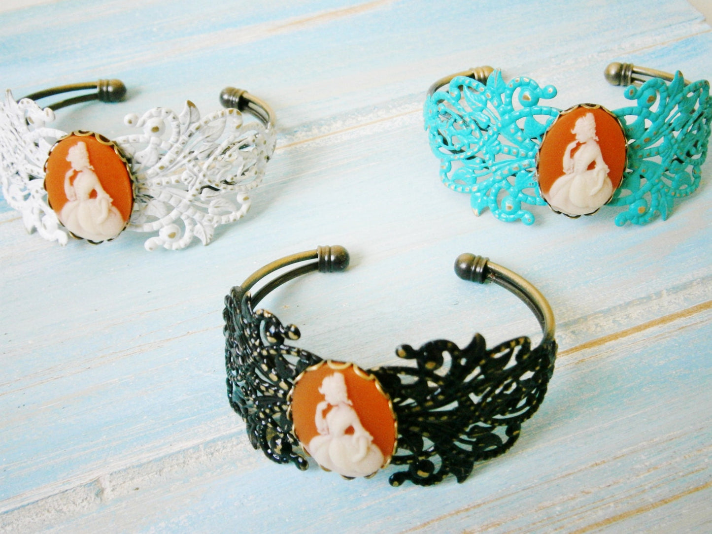 Turquoise Patina Floral Antique Bronze Filigree Cuff Bracelet with Carnelia & White Victorian Lady Cameo/Cameo Cuff/Bridesmaid Bracelet