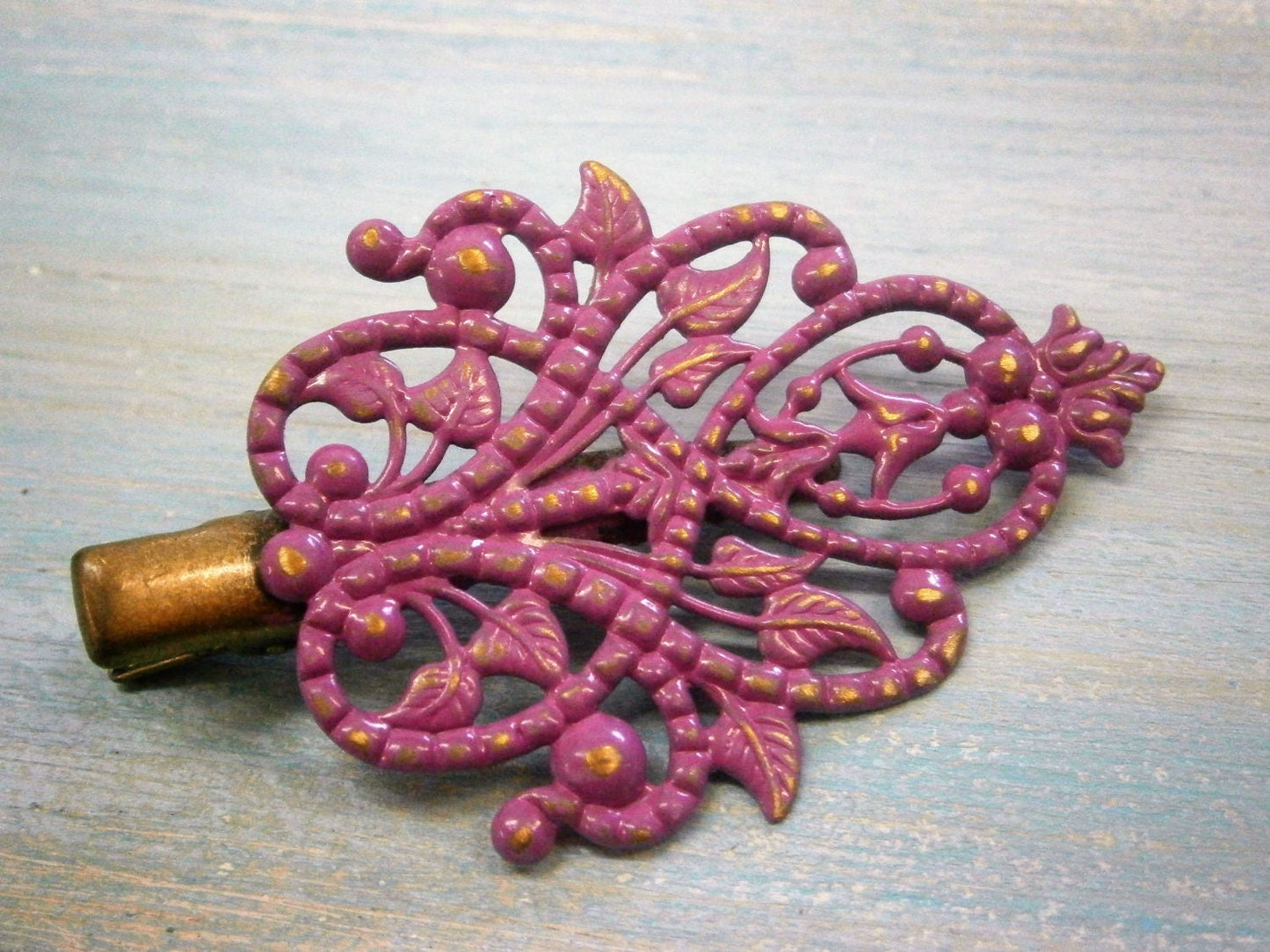 Purple Hand Painted Patina Antique Bronze Scroll & Leaf Filigree Shabby Chic Alligator Hair Clip/Boho Hair Clip/Hair Clip.