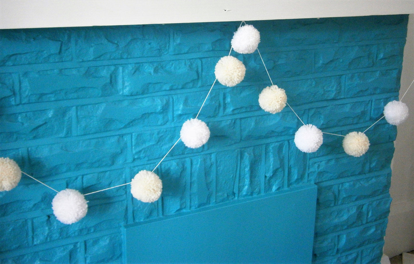 White & Cream Large Yarn Pom Pom Garland/Party Decor/Home Decor/Rustic Decor/Garland/Bohemian Home Decor/Farmhouse Decor