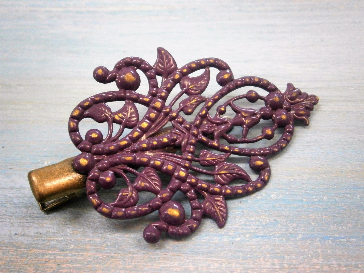 Aubergine/Dark Purple Hand Painted Patina Antique Bronze Scroll & Leaf Filigree Shabby Chic Alligator Hair Clip/Boho Hair Clip/Hair Clip.