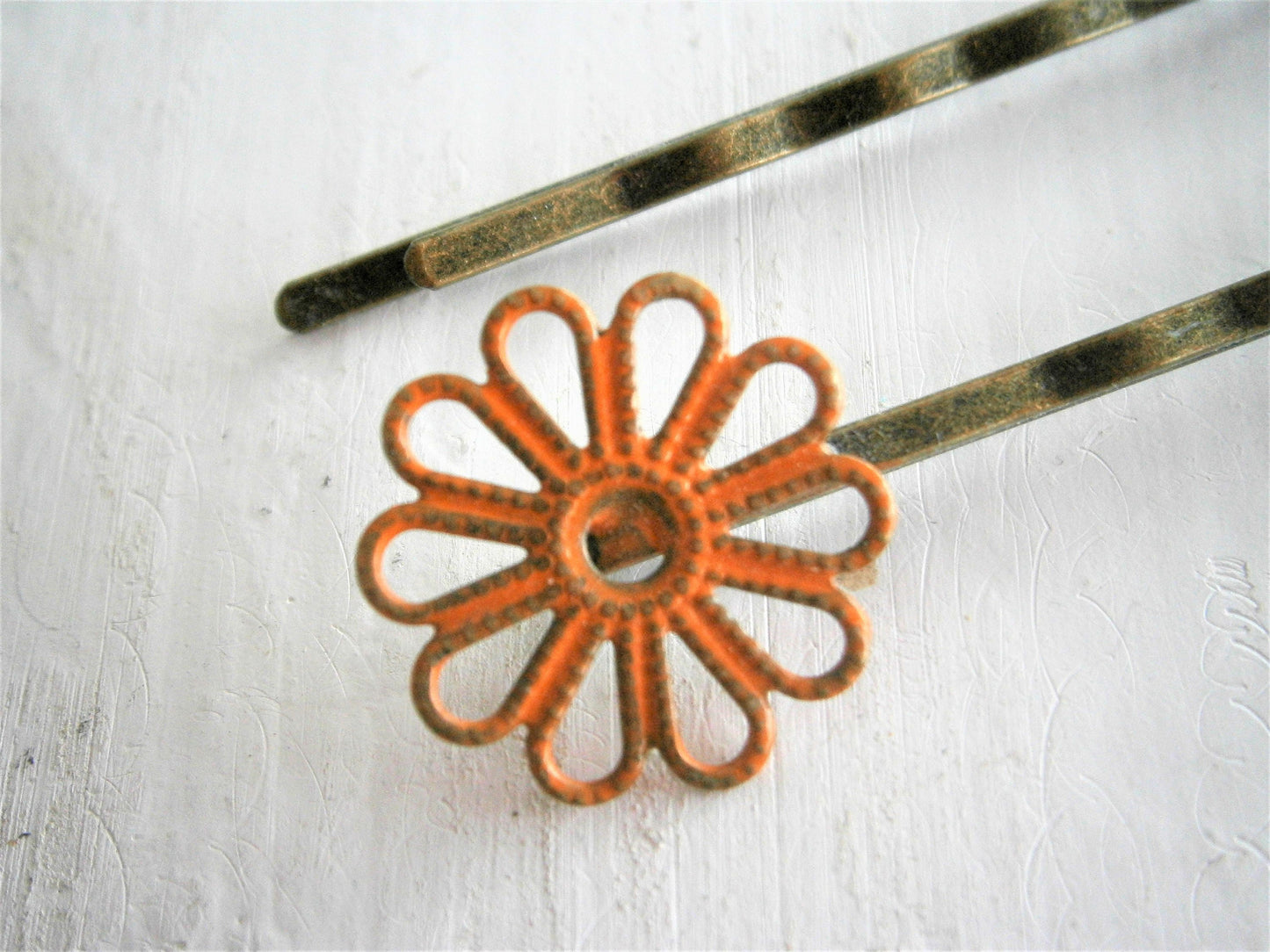 Orange Daisy Filigree Patina Antique Bronze Bobby Pins Set of Two/Hair Clips/Bohemian Hair Clips/Shabby Chic Hair Clips/Bobby Pins