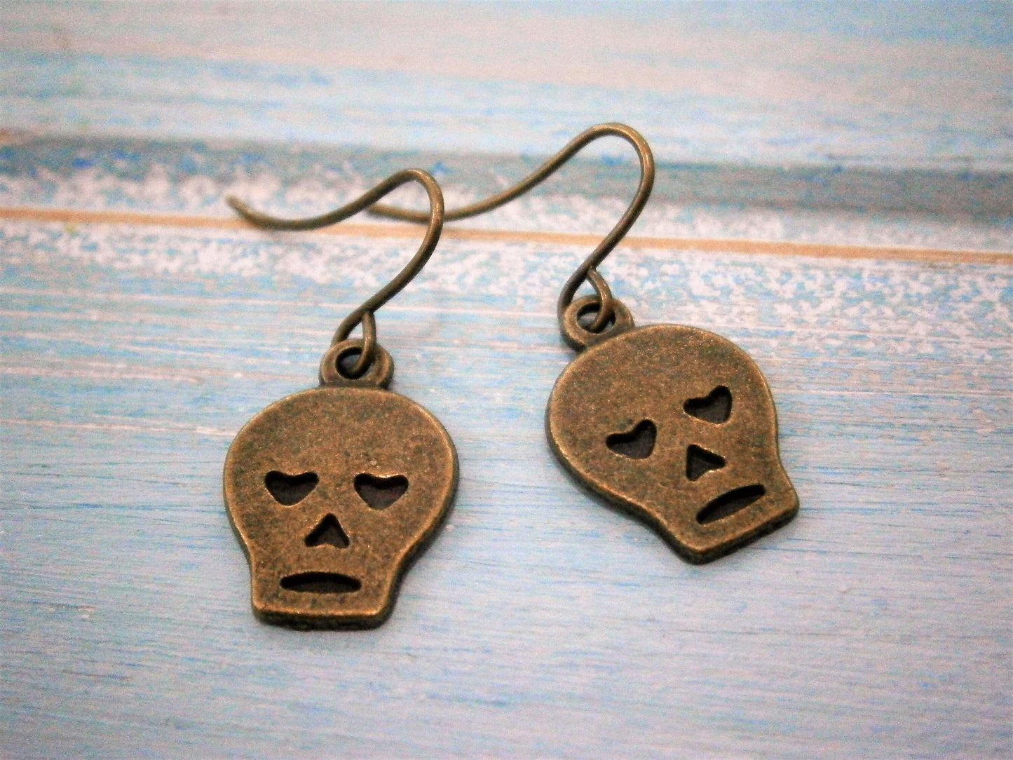 Antique Bronze Small Skull Charm On Antique Bronze French Earring Hooks/Dangle Earrings/Skull Earrings/Steampunk Jewelry/Sugar Skull Earring