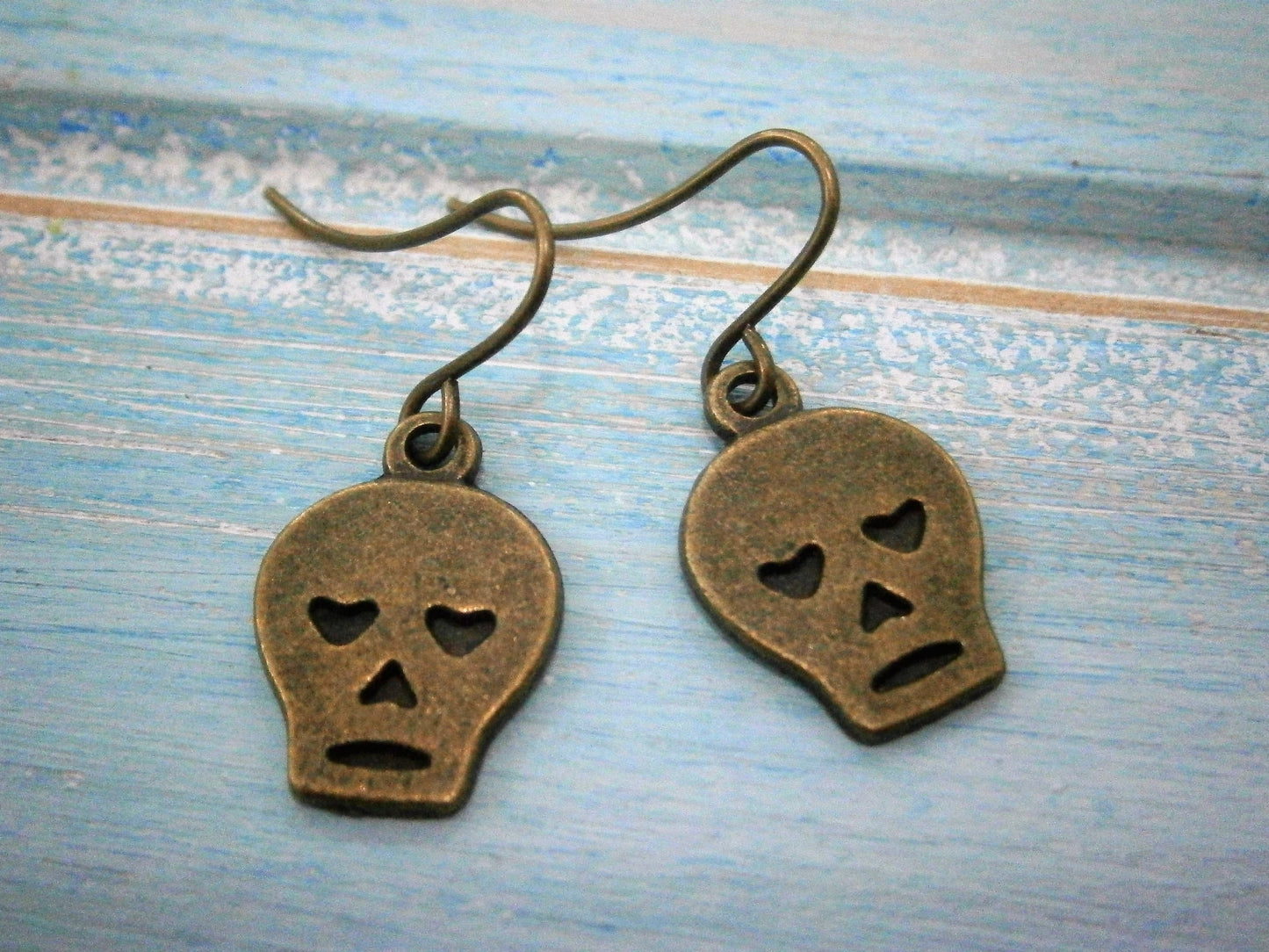 Antique Bronze Small Skull Charm On Antique Bronze French Earring Hooks/Dangle Earrings/Skull Earrings/Steampunk Jewelry/Sugar Skull Earring