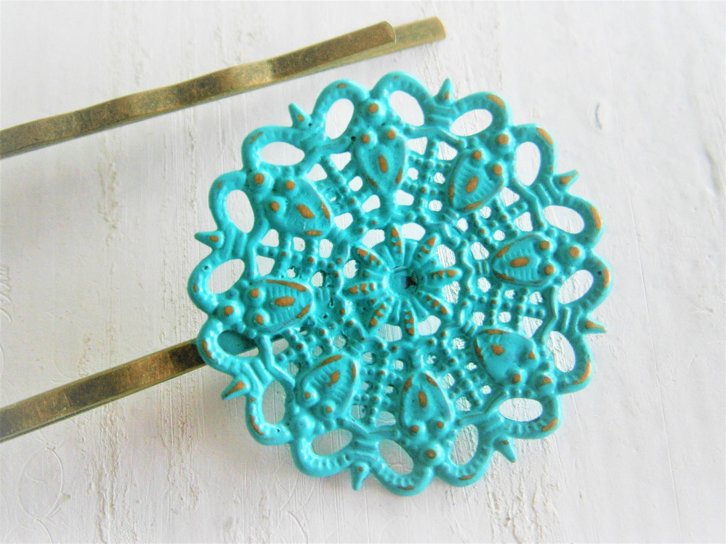 Verdigris/Turquoise Filigree Patina Antique Bronze Bobby Pins Set of Two/Hair Clips/Bohemian Hair Clips/Shabby Chic Hair Clips/Bobby Pins