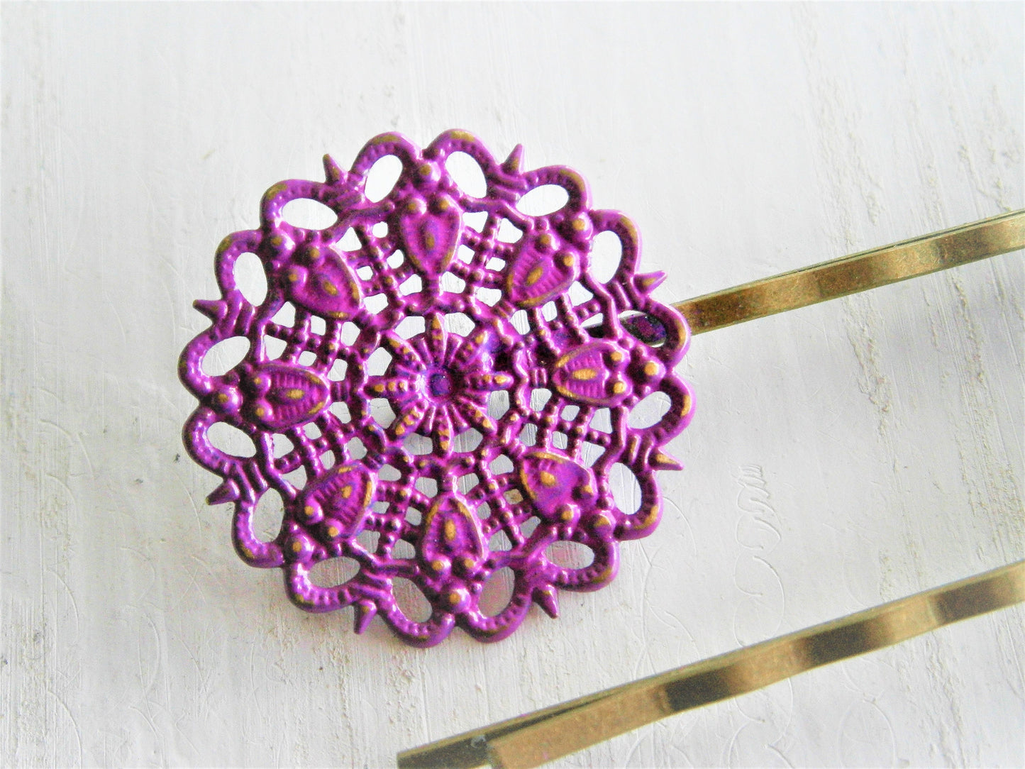 Purple Filigree Patina Antique Bronze Bobby Pins Set of Two/Hair Clips/Bohemian Hair Clips/Shabby Chic Hair Clips/Bobby Pins/Rustic Wedding