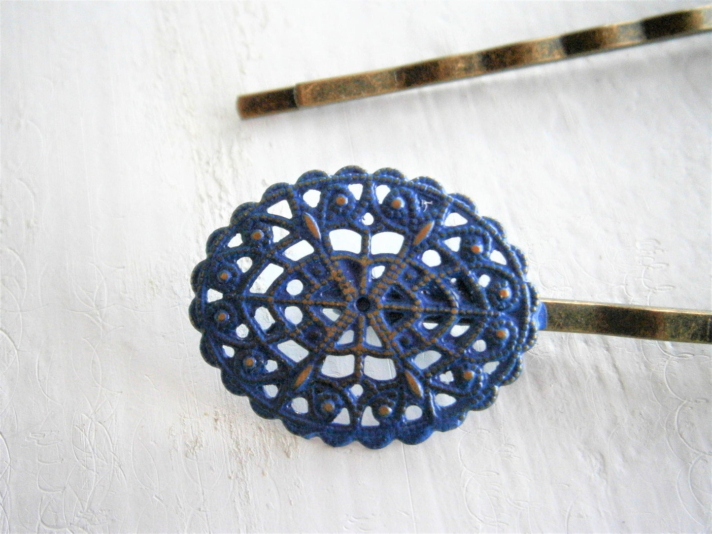 Cobalt Oval Filigree Patina Antique Bronze Bobby Pins Set of Two/Hair Clips/Bohemian Hair Clips/Shabby Chic Hair Clips/Bobby Pins