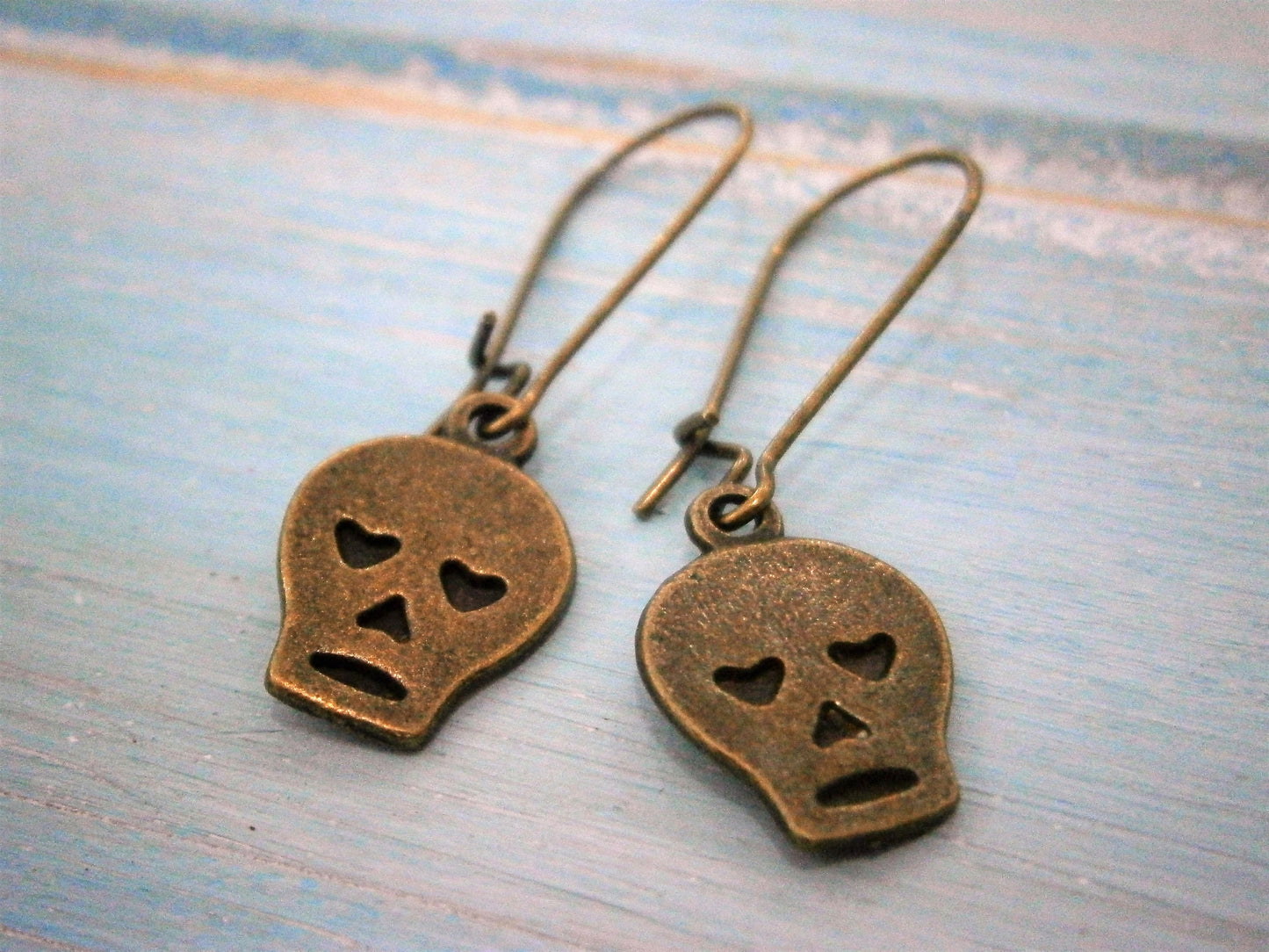 Small Antique Bronze Skull Charm On Antique Bronze Kidney Earwire Hooks/Dangle Earrings/Skull Earrings/Steampunk Jewelry/Sugar Skull Earring
