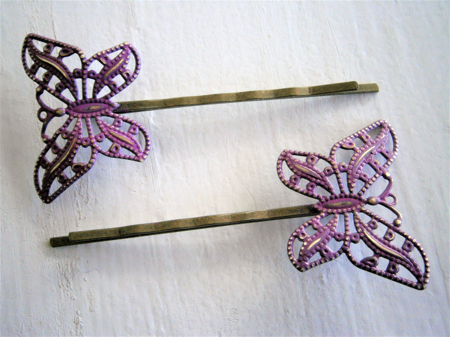 Purple Patina Filigree Butterfly Antique Bronze Bobby Pins Set of 2/Bohemian Hair Clips/Shabby Chic Hair Clips/Rustic Wedding