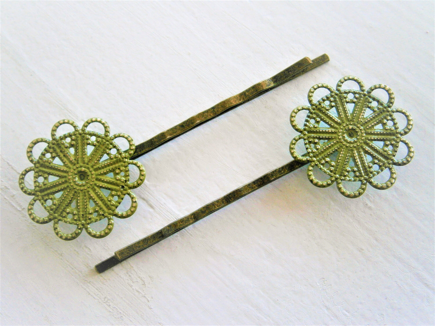 Olive Green Patina Large Filigree Daisy Antique Bronze Bobby Pins Set of 2/Bohemian Hair Clips/Shabby Chic Hair Clips/Rustic Wedding