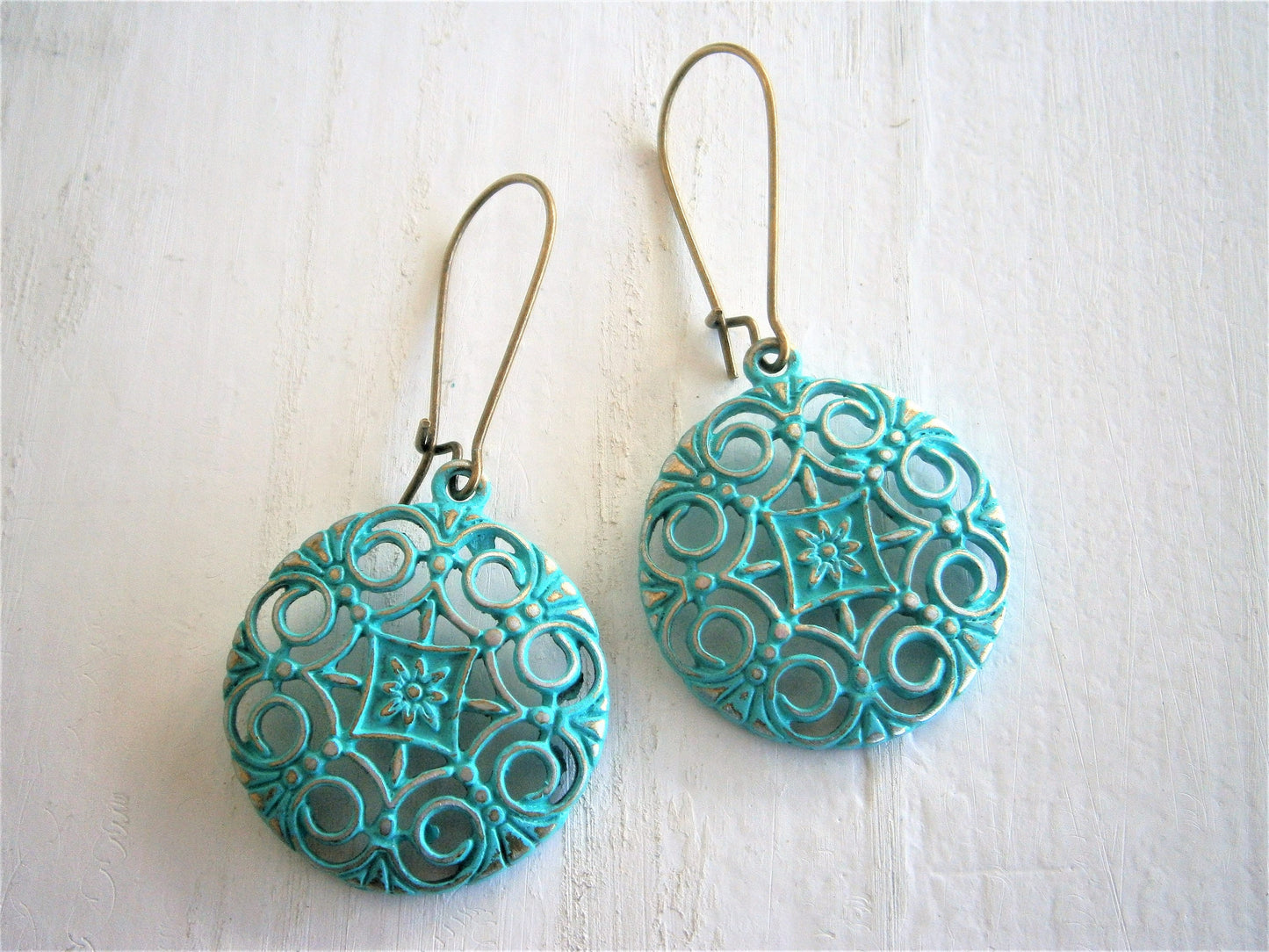 Verdigris/Turquoise Patina Filigree Flower Charm on Antique Bronze Kidney Wire Earring Hooks/Dangle Earrings/Boho Earrings/Filigree Earrings