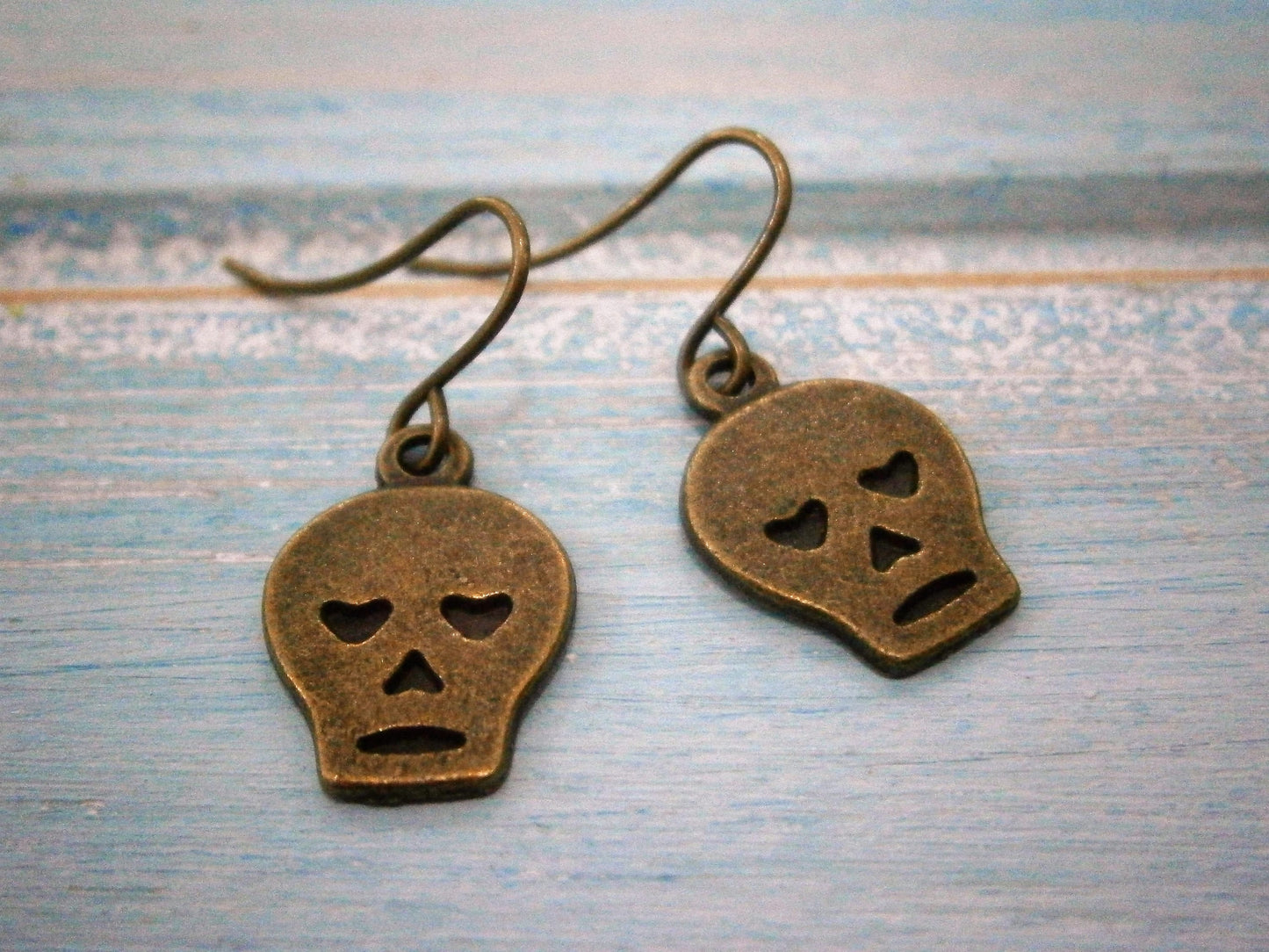 Antique Bronze Small Skull Charm On Antique Bronze French Earring Hooks/Dangle Earrings/Skull Earrings/Steampunk Jewelry/Sugar Skull Earring