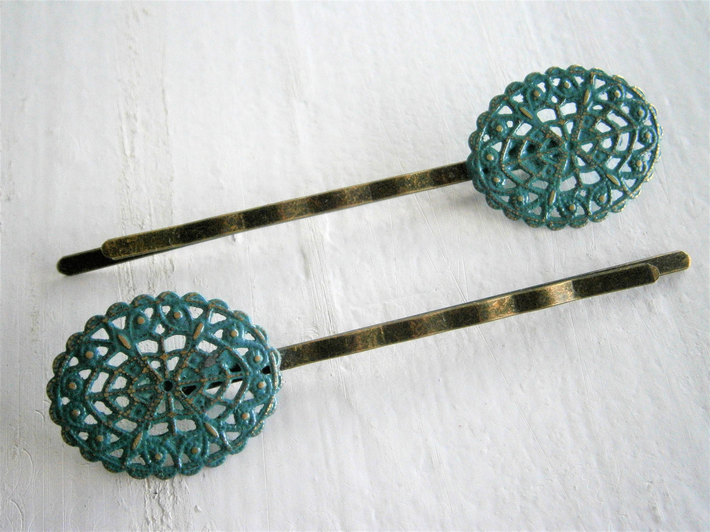 Teal Oval Filigree Patina Antique Bronze Bobby Pins Set of Two/Hair Clips/Bohemian Hair Clips/Shabby Chic Hair Clips/Bobby Pins