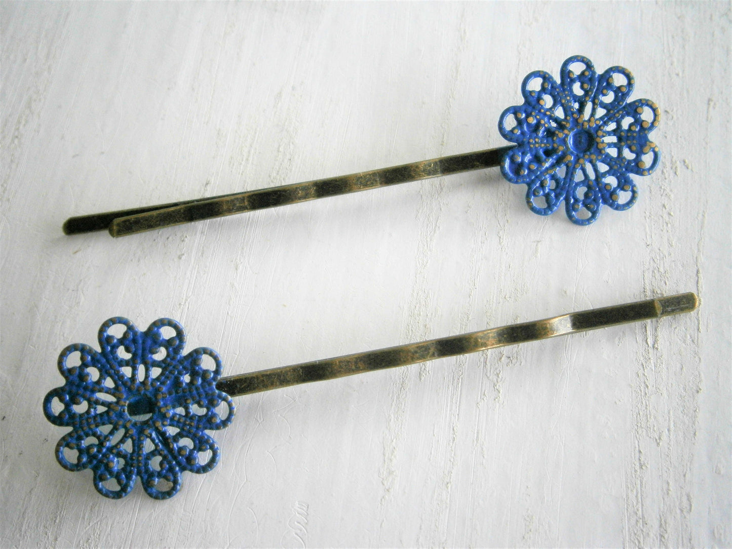 Cobalt Blue Patina Small Filigree Flower Antique Bronze Bobby Pins Set of Two/Hair Clips/Bohemian Hair Clips/Rustic Wedding/Bobby Pins