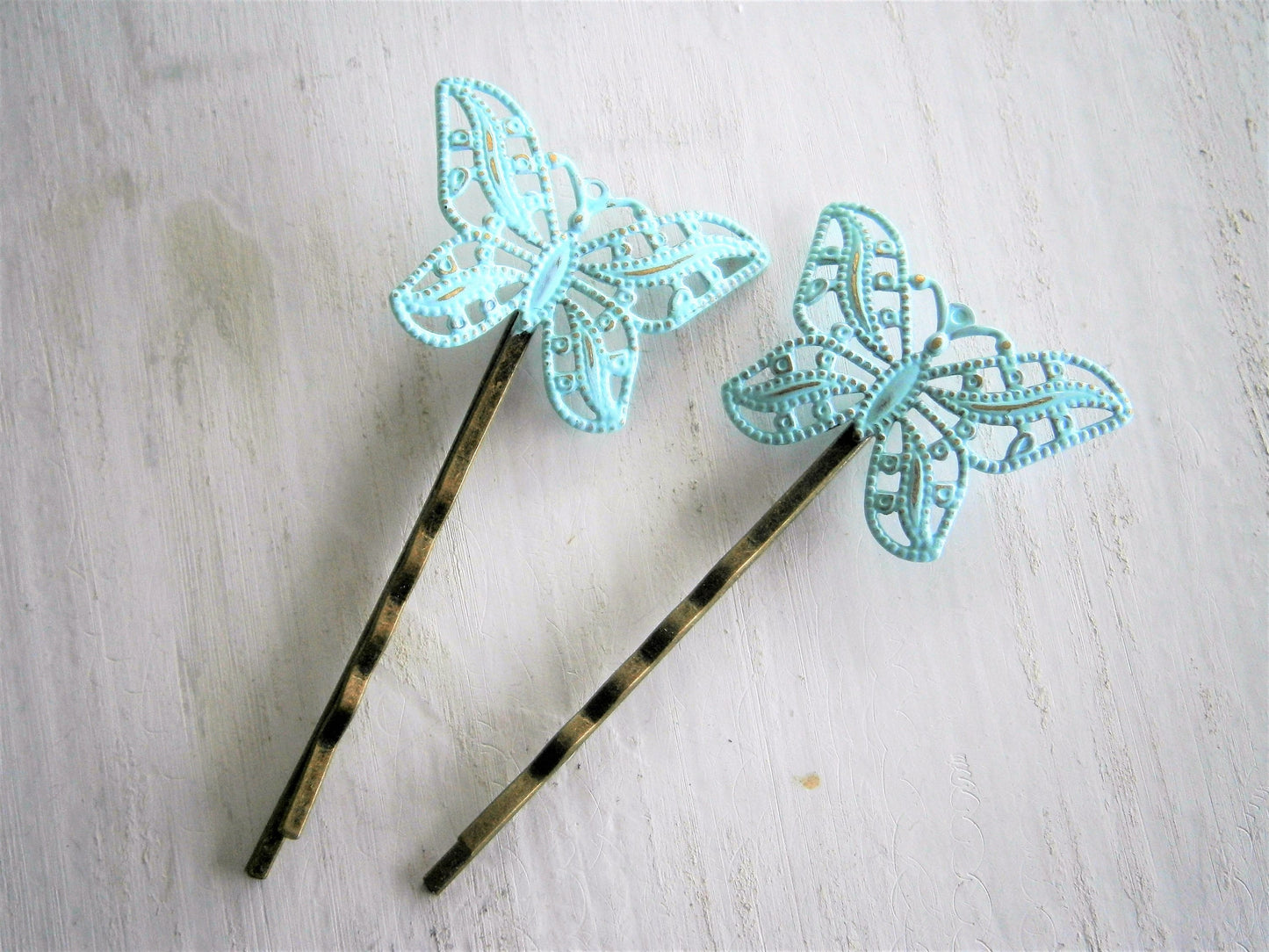 Mint Patina Filigree Butterfly Antique Bronze Bobby Pins Set of Two/Hair Clips/Bohemian Hair Clips/Shabby Chic Hair Clips/Rustic Wedding