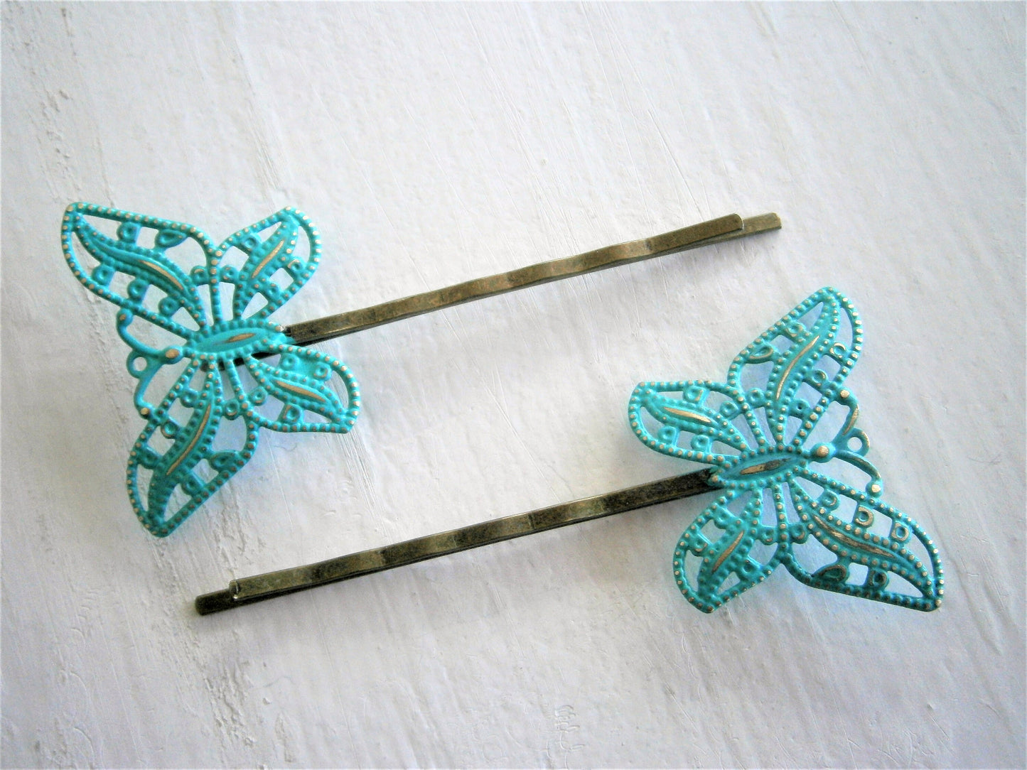 Verdigris/Turquoise Patina Filigree Butterfly Antique Bronze Bobby Pins Set of 2/Bohemian Hair Clips/Shabby Chic Hair Clips/Rustic Wedding
