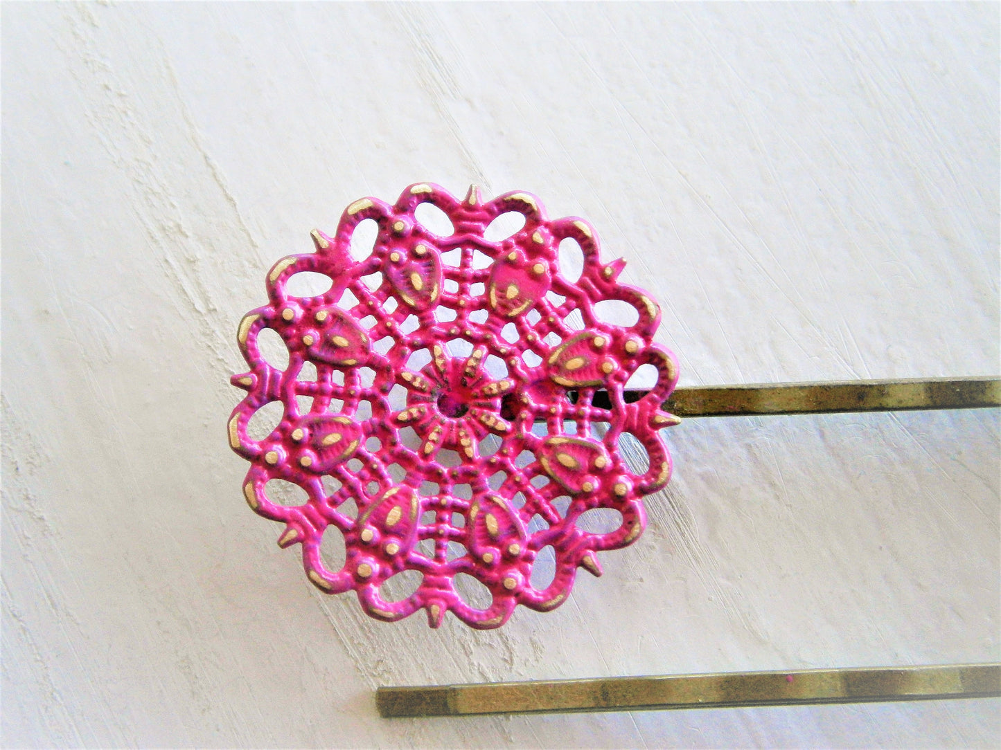 Hot Pink Filigree Patina Antique Bronze Bobby Pins Set of 2/Hair Clips/Bohemian Hair Clips/Shabby Chic Hair Clips/Bobby Pins/Rustic Wedding