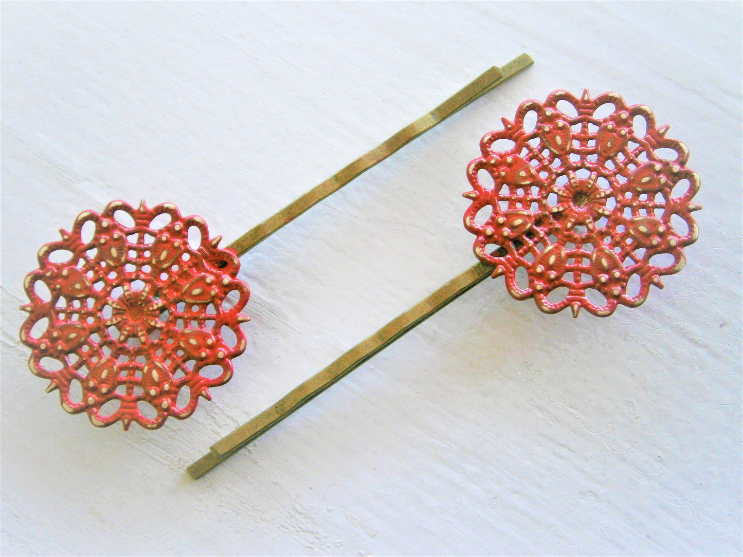 Red Filigree Patina Antique Bronze Bobby Pins Set of 2/Hair Clips/Bohemian Hair Clips/Shabby Chic Hair Clips/Bobby Pins/Rustic Wedding