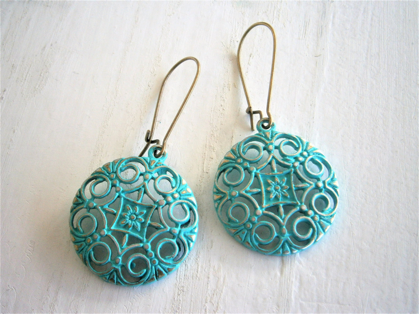 Verdigris/Turquoise Patina Filigree Flower Charm on Antique Bronze Kidney Wire Earring Hooks/Dangle Earrings/Boho Earrings/Filigree Earrings