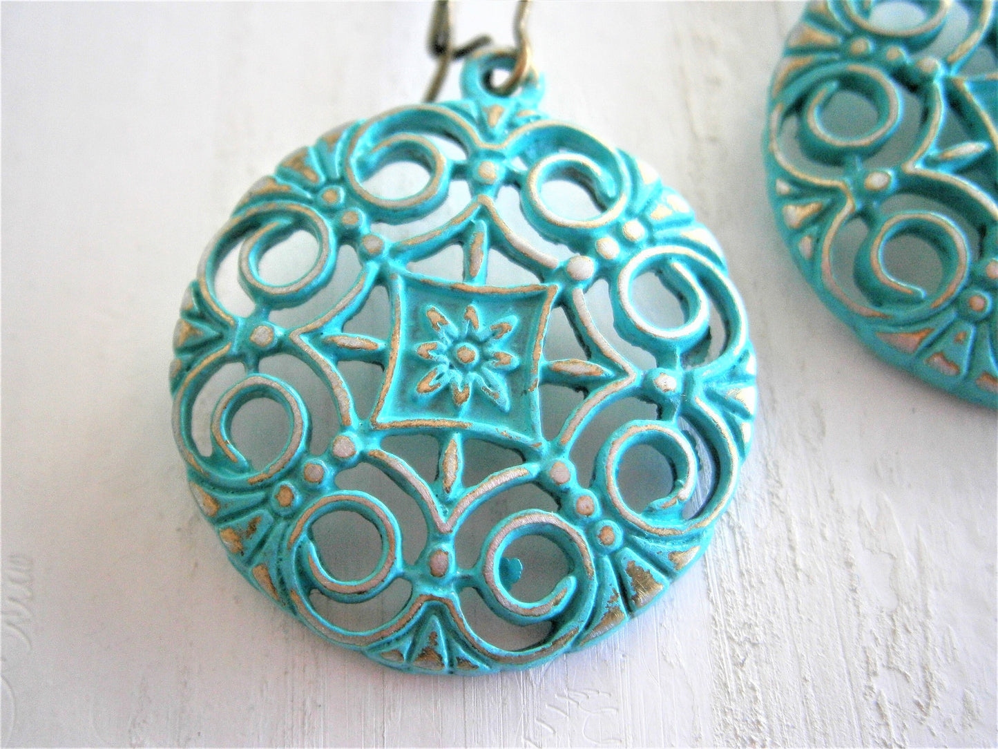 Verdigris/Turquoise Patina Filigree Flower Charm on Antique Bronze Kidney Wire Earring Hooks/Dangle Earrings/Boho Earrings/Filigree Earrings