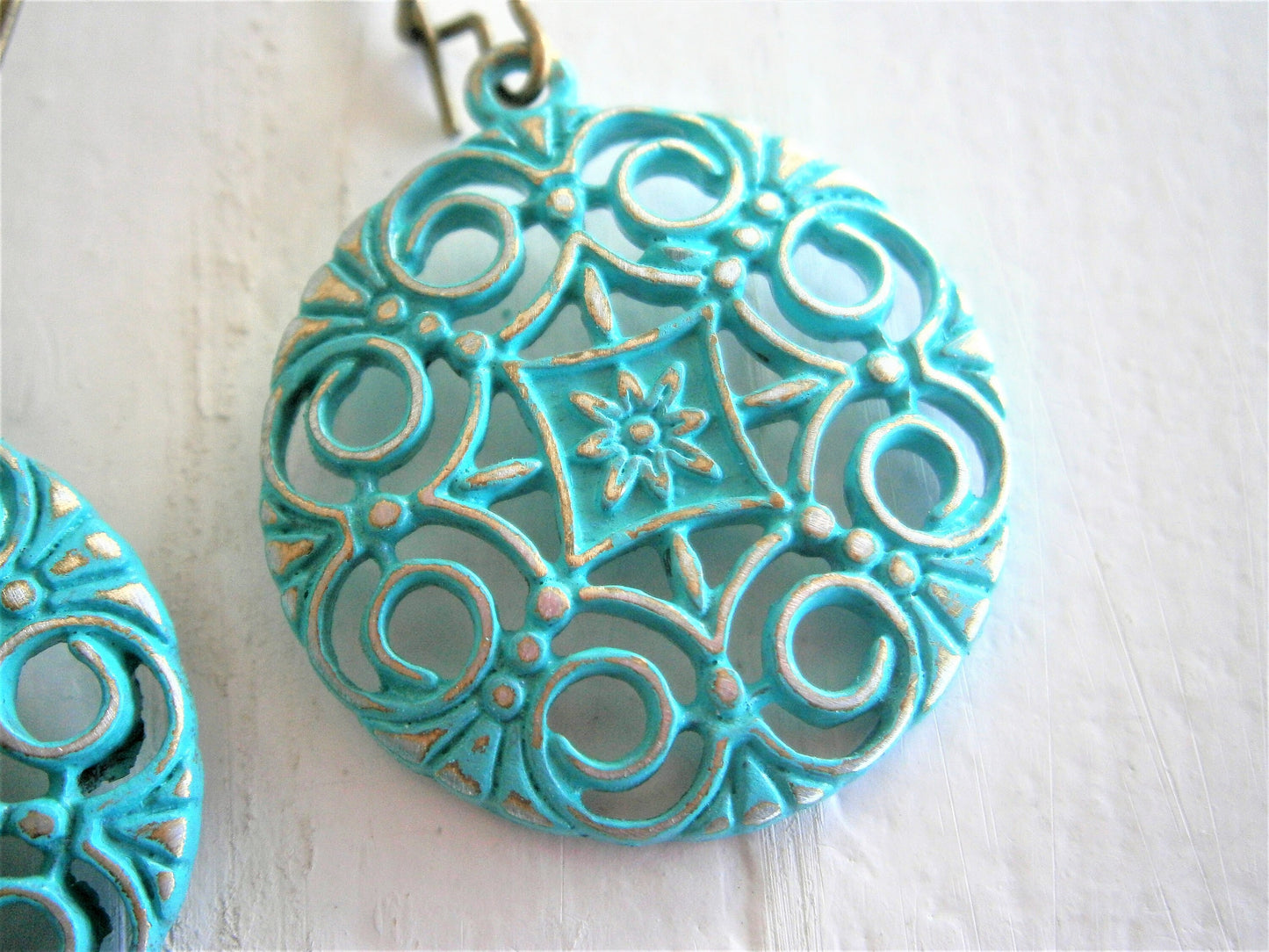 Verdigris/Turquoise Patina Filigree Flower Charm on Antique Bronze Kidney Wire Earring Hooks/Dangle Earrings/Boho Earrings/Filigree Earrings