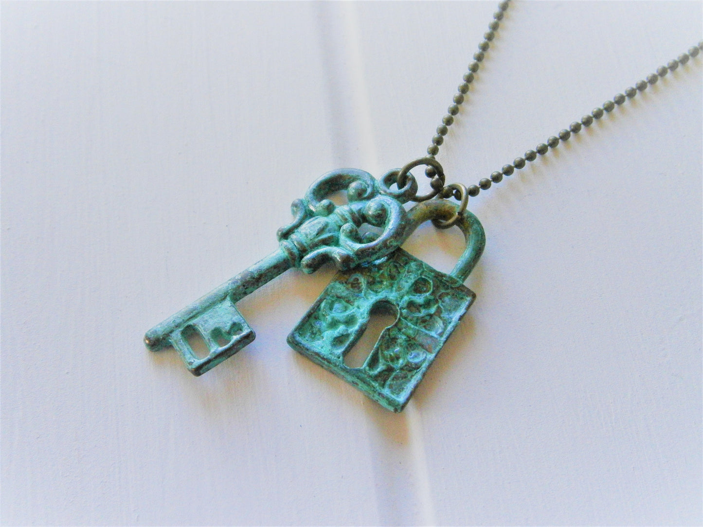Verdigris/Aqua Patina Key & Lock on Antique Bronze Ball Chain/Boho Necklace/Long Necklace/Layering Necklace/Patina Jewerly/Patina Necklace.