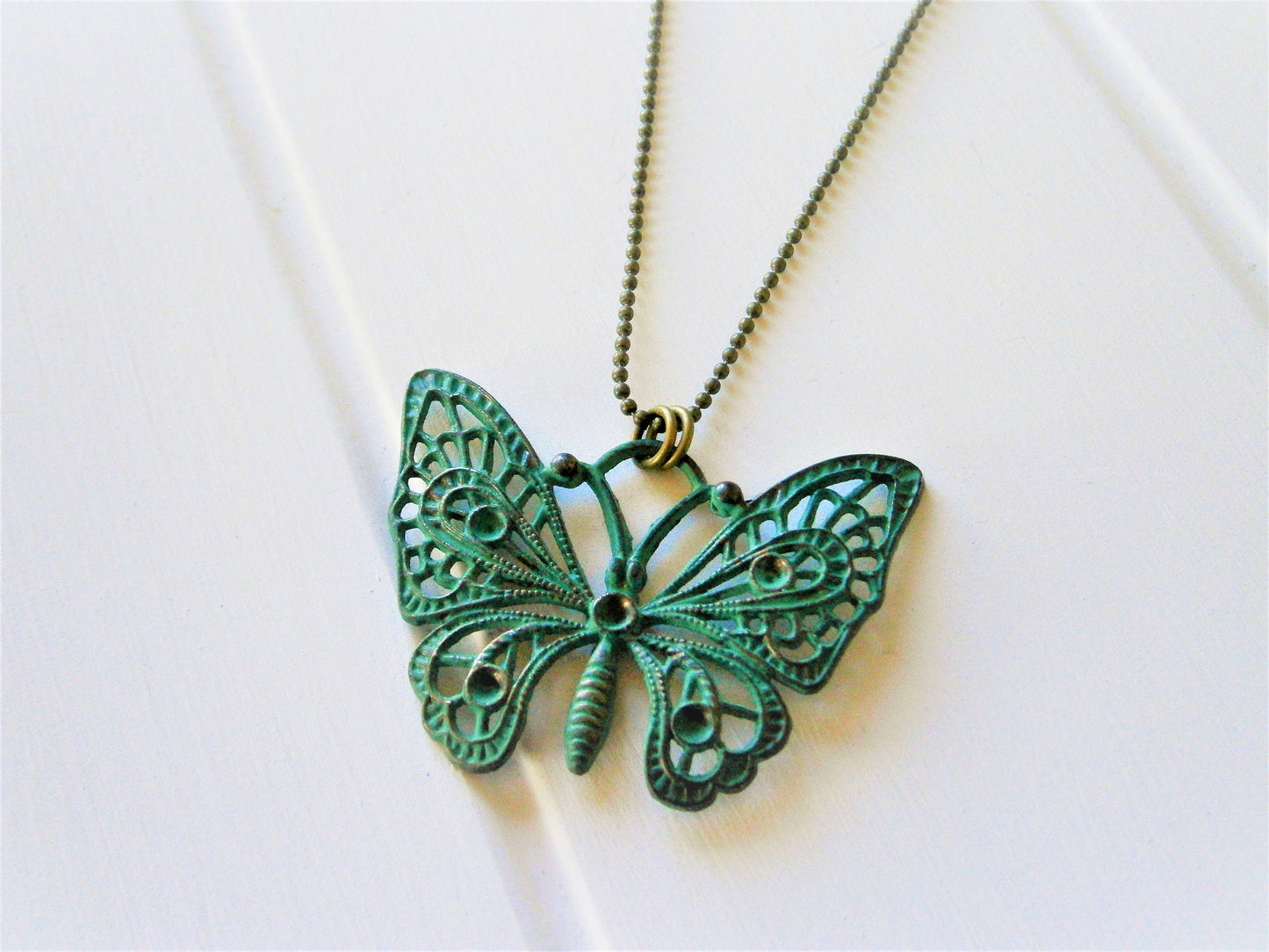 Verdigris/Turquoise Patina Filigree Butterfly on Antique Bronze Ball Chain/Boho Necklace/Long Necklace/Layering Necklace/Patina Necklace.