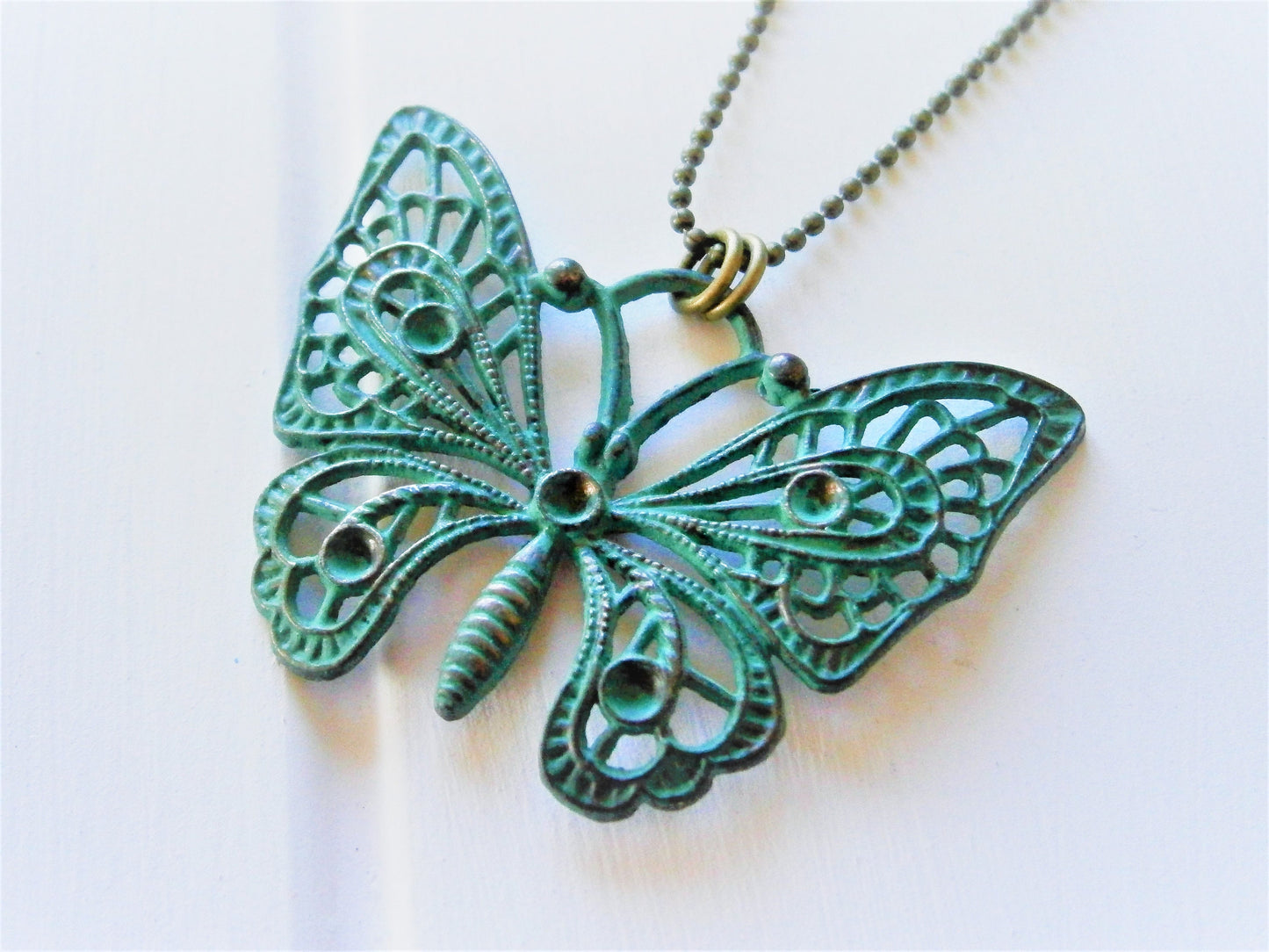 Verdigris/Turquoise Patina Filigree Butterfly on Antique Bronze Ball Chain/Boho Necklace/Long Necklace/Layering Necklace/Patina Necklace.