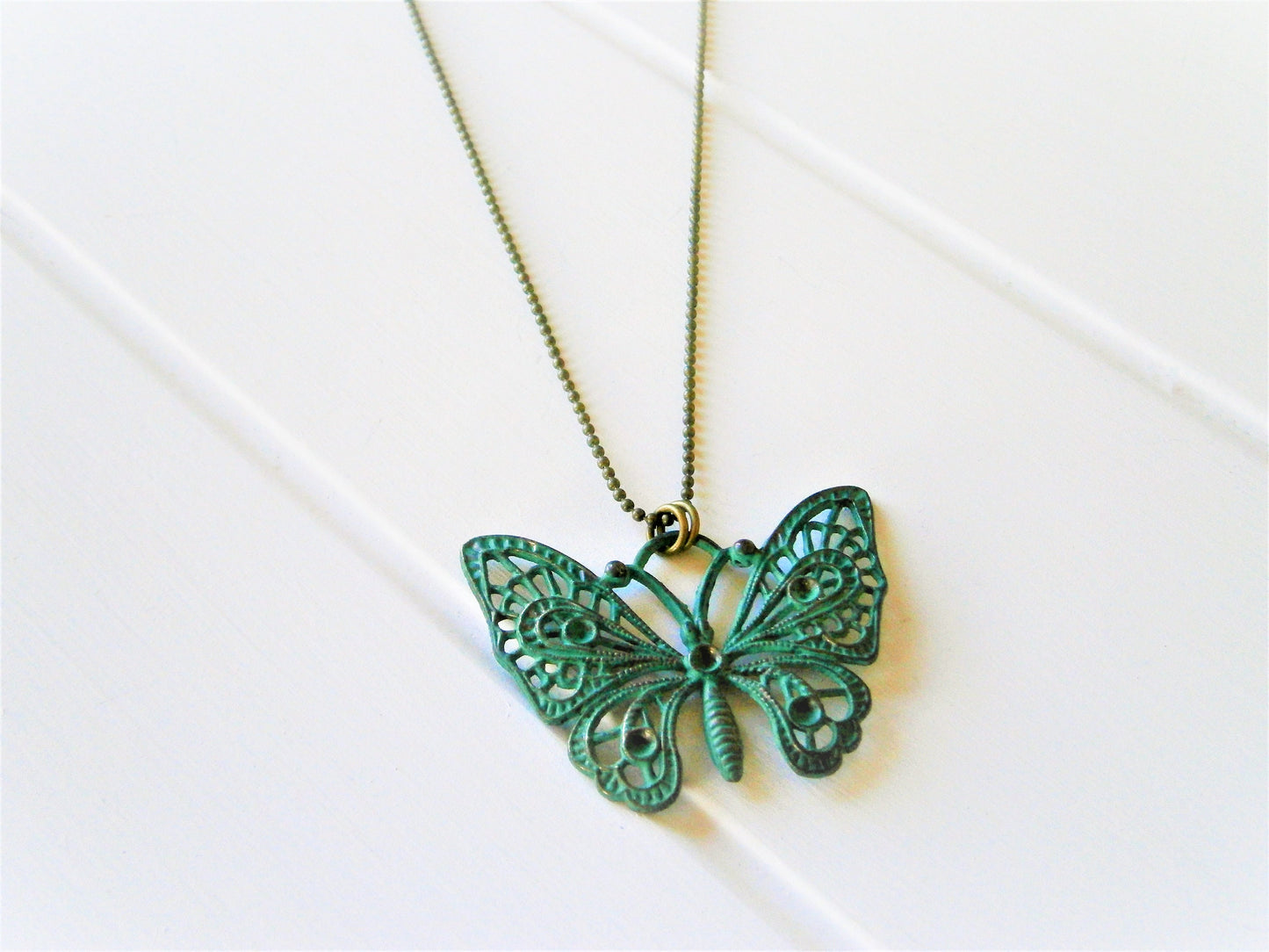 Verdigris/Turquoise Patina Filigree Butterfly on Antique Bronze Ball Chain/Boho Necklace/Long Necklace/Layering Necklace/Patina Necklace.