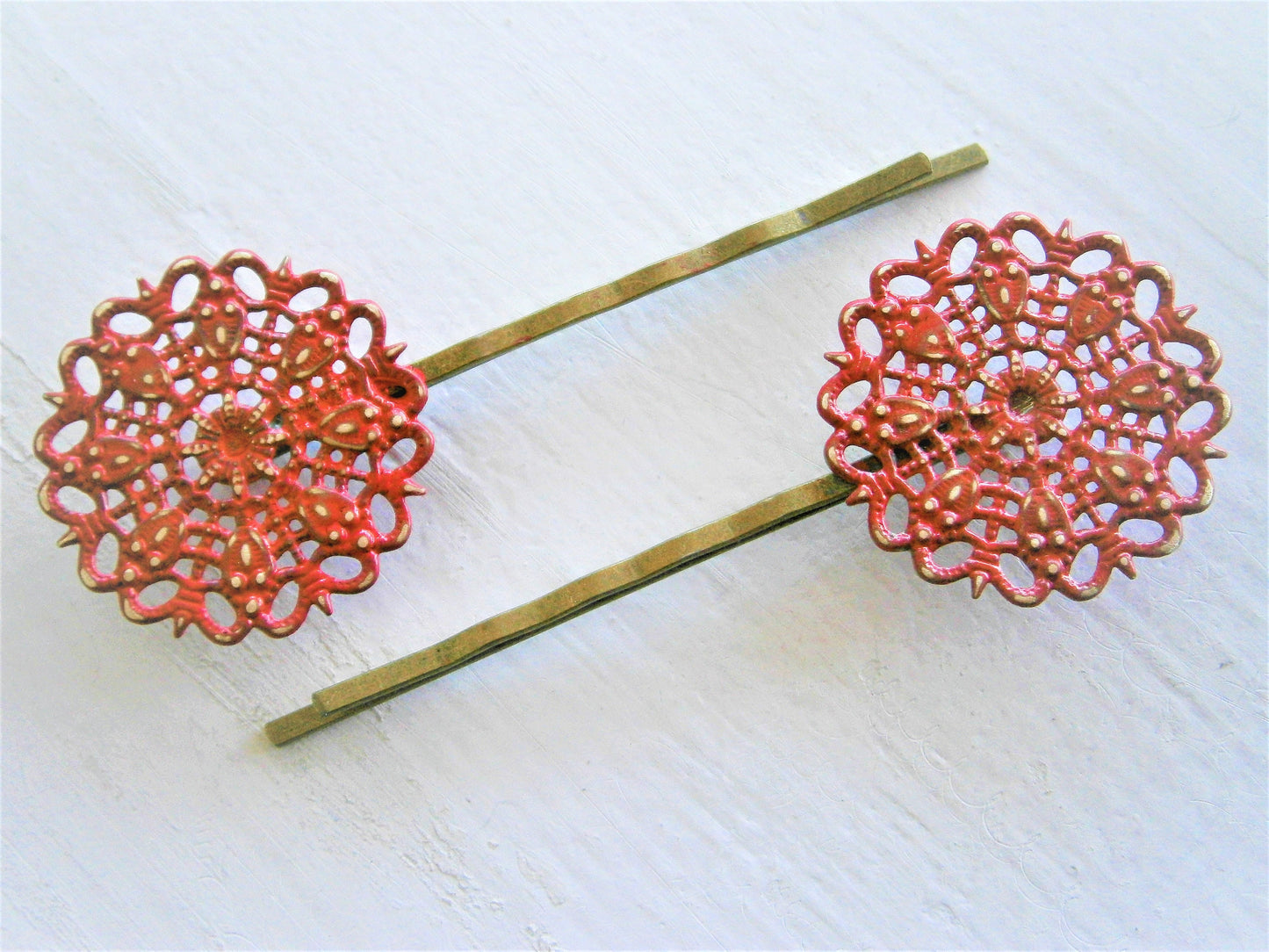 Red Filigree Patina Antique Bronze Bobby Pins Set of Two/Hair Clips/Bohemian Hair Clips/Shabby Chic Hair Clips/Bobby Pins/Boho Bobby Pins