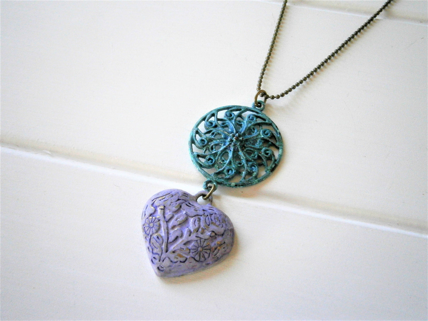 Verdigris/Turquoise Patina Round Filigree & Amethyst Embossed Patina Heart on Antique Bronze Ball Chain/Long Necklace/Patina Necklace