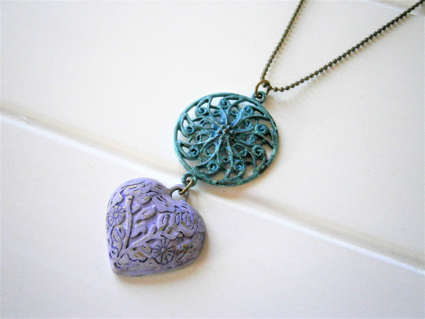Verdigris/Turquoise Patina Round Filigree & Amethyst Embossed Patina Heart on Antique Bronze Ball Chain/Long Necklace/Patina Necklace