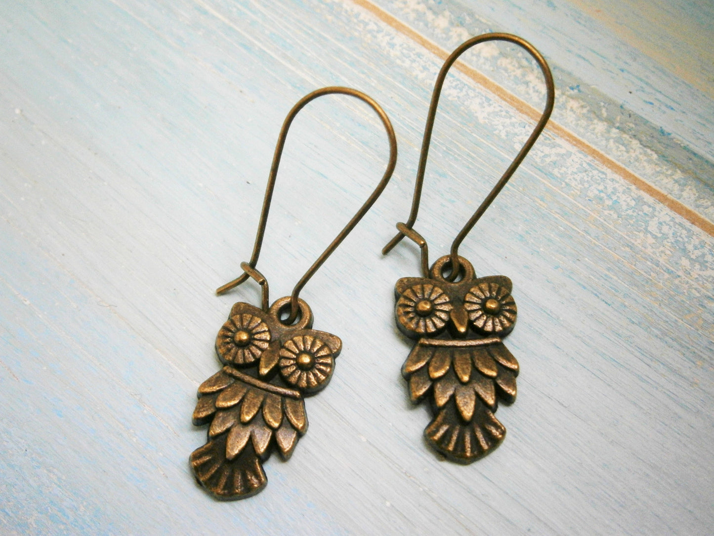 Antique Bronze Owl On Antique Bronze Kidney Wire Earring Hooks/Dangle Earrings/Boho Jewelry/Woodland Jewelry/Nature Inspired/Bird Earrings