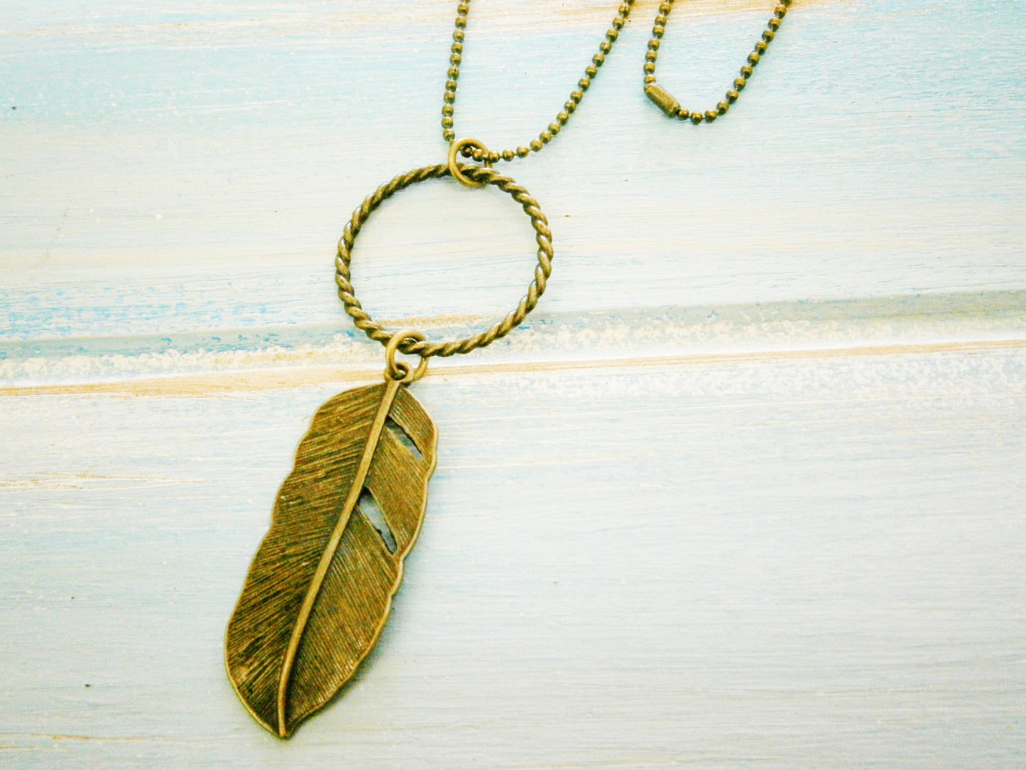 Antique Bronze Necklace with Large Twisted Circle Pendant and Feather Charm/Boho Necklace/Nature Necklace/Bohemian Jewelry/Long Necklace