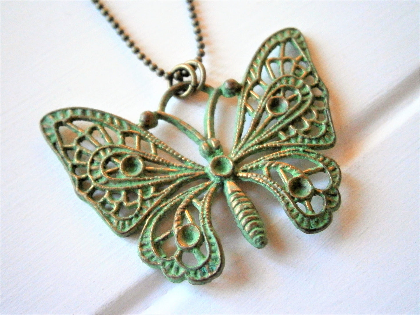 Moss Green Patina Filigree Butterfly on Antique Bronze Ball Chain/Boho Necklace/Long Necklace/Layering Necklace/Patina Necklace.