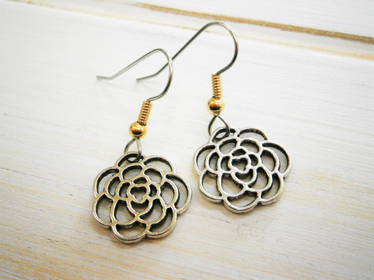 Antique Silver Filigree Flower Charm on Stainless Steel Earring Hooks/Dangle Earrings/Floral Earrings/Nature Earrings/Hypo Allergenic