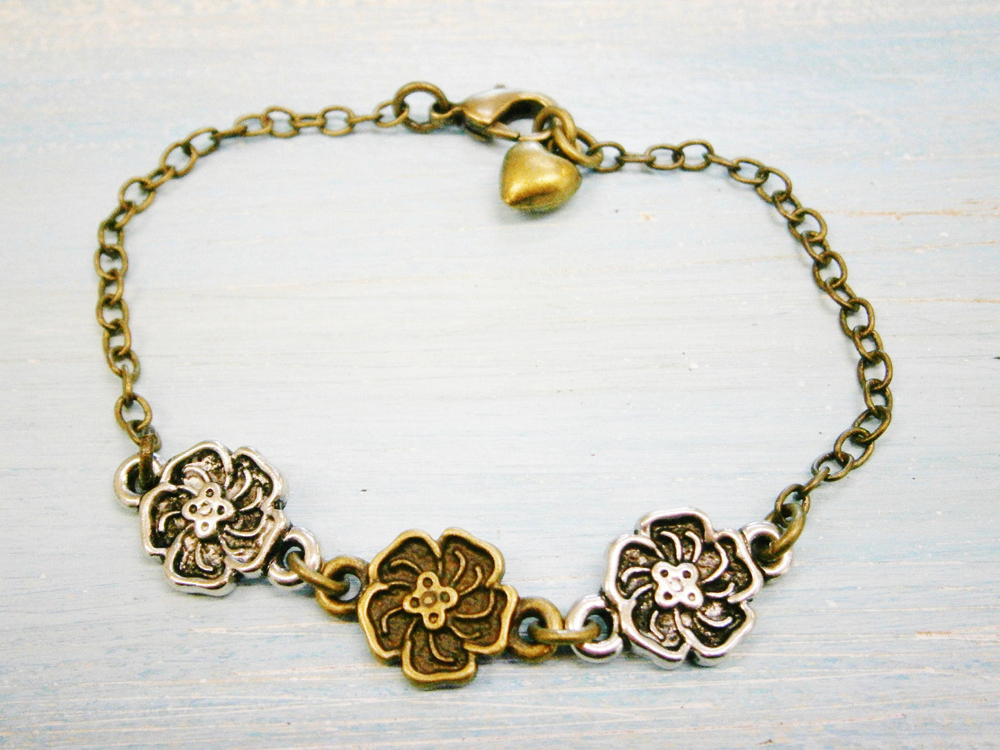Antique Bronze & Silver Plated Three Flower Charm Bracelet/Boho Bracelet/Nature Inspired Bracelet/Woodland Jewelry/Wedding Jewelry