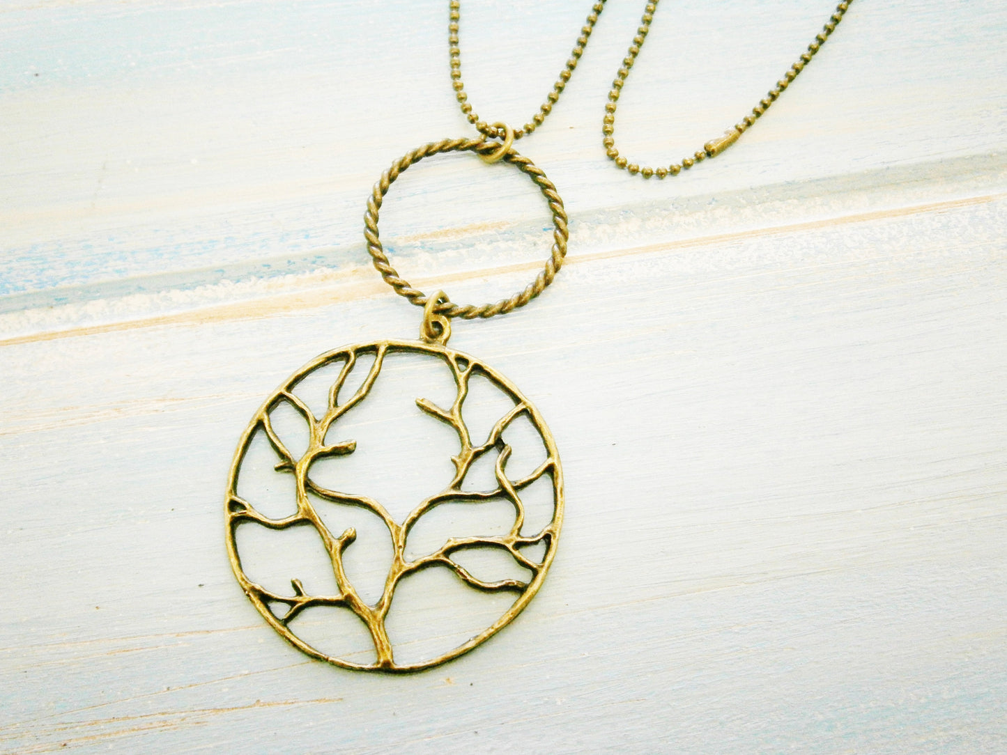 Antique Bronze Necklace with Large Twisted Circle Pendant and Large Tree of Life Round Charm/Boho Necklace/Nature Necklace/Bohemian Jewelry