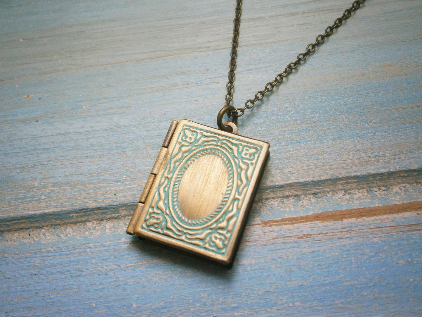 Vintage Style Detailed Antique Bronze Book Locket with Turquoise Patina Detail Necklace/Locket Necklace/Bridal Necklace/Book Locket Necklace