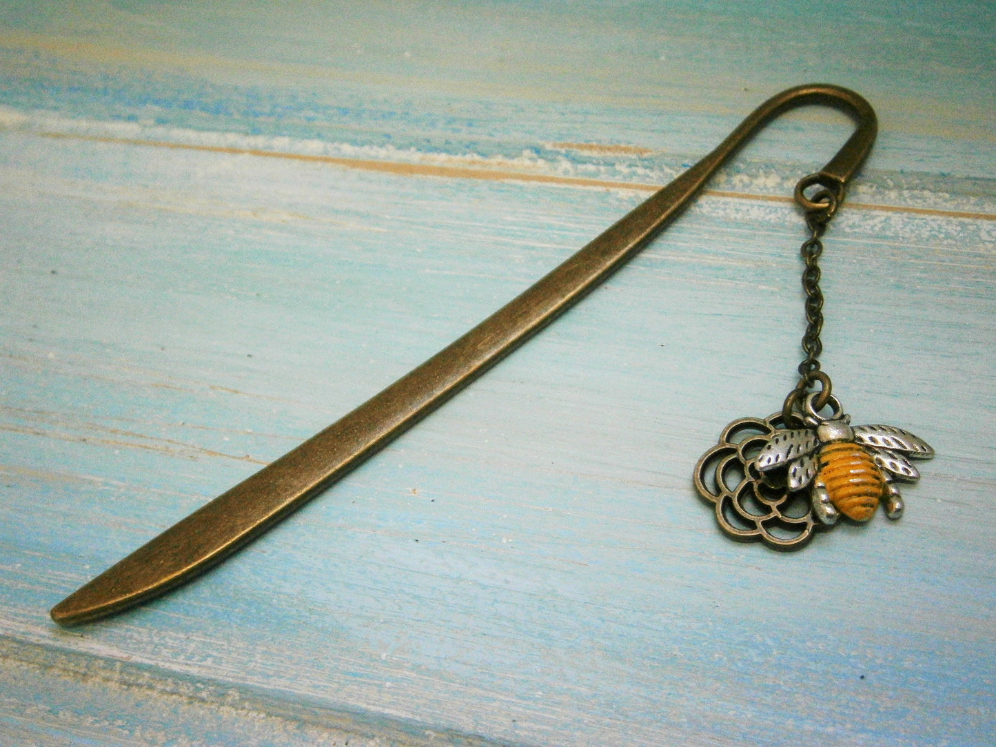 Bookmark with a Antique Bronze Filigree Flower and a Antique Silver Small Bumble Bee Charm with Yellow Patina Detailing/Book Lover Bookmark