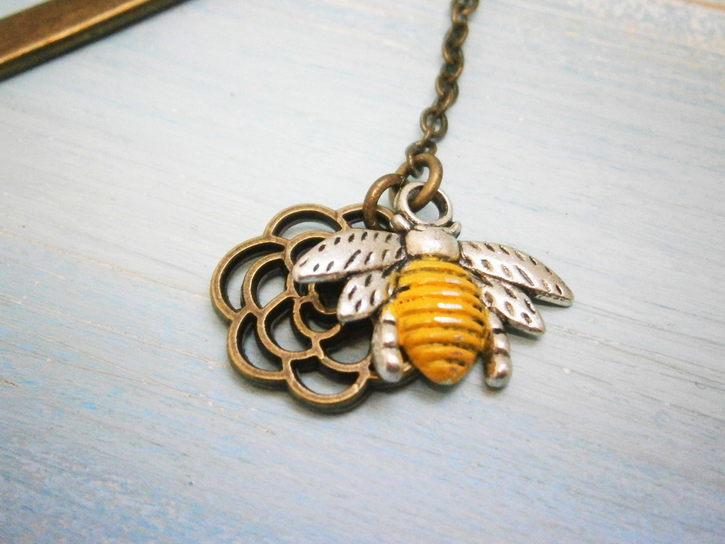Bookmark with a Antique Bronze Filigree Flower and a Antique Silver Small Bumble Bee Charm with Yellow Patina Detailing/Book Lover Bookmark