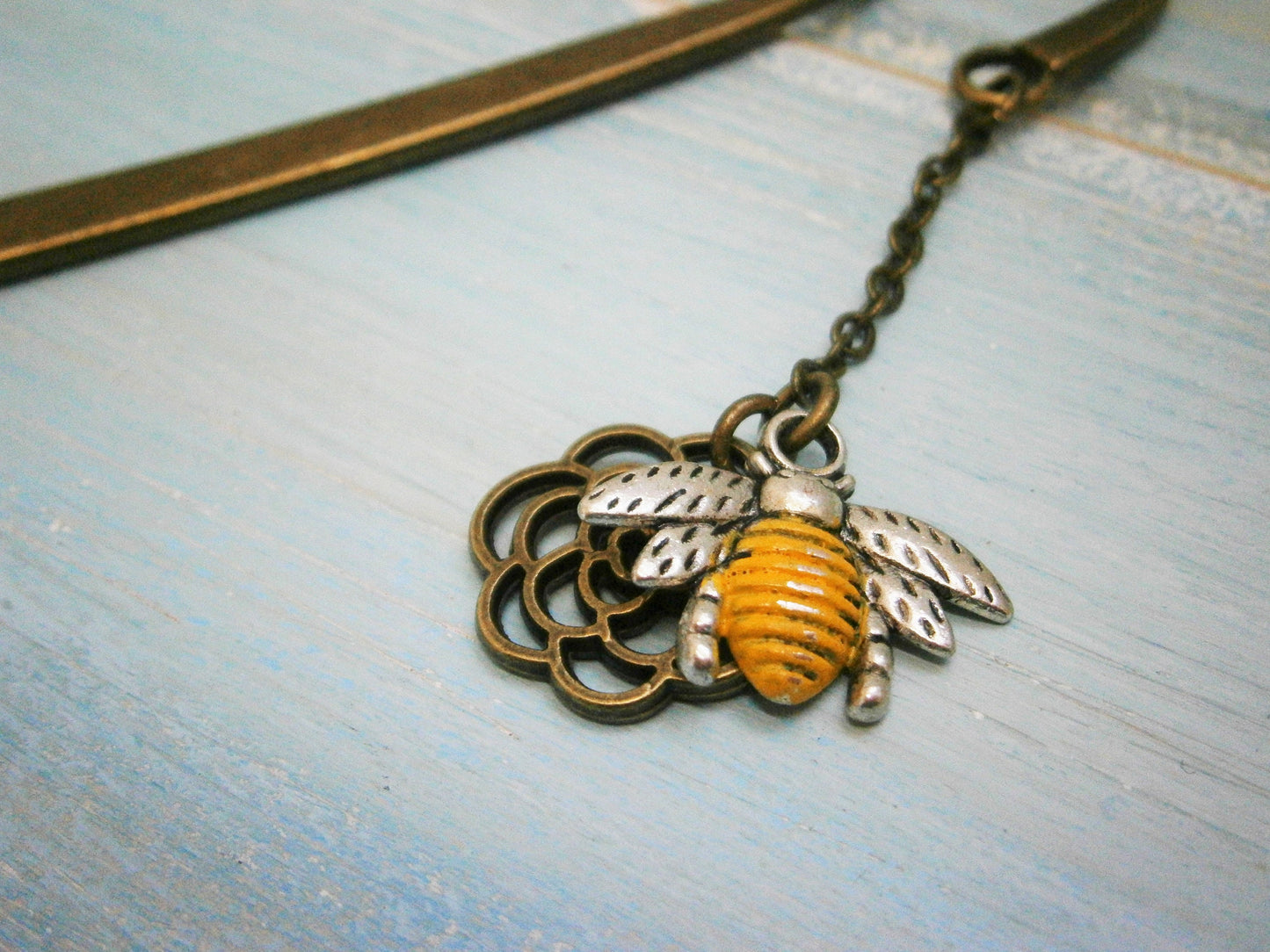 Bookmark with a Antique Bronze Filigree Flower and a Antique Silver Small Bumble Bee Charm with Yellow Patina Detailing/Book Lover Bookmark