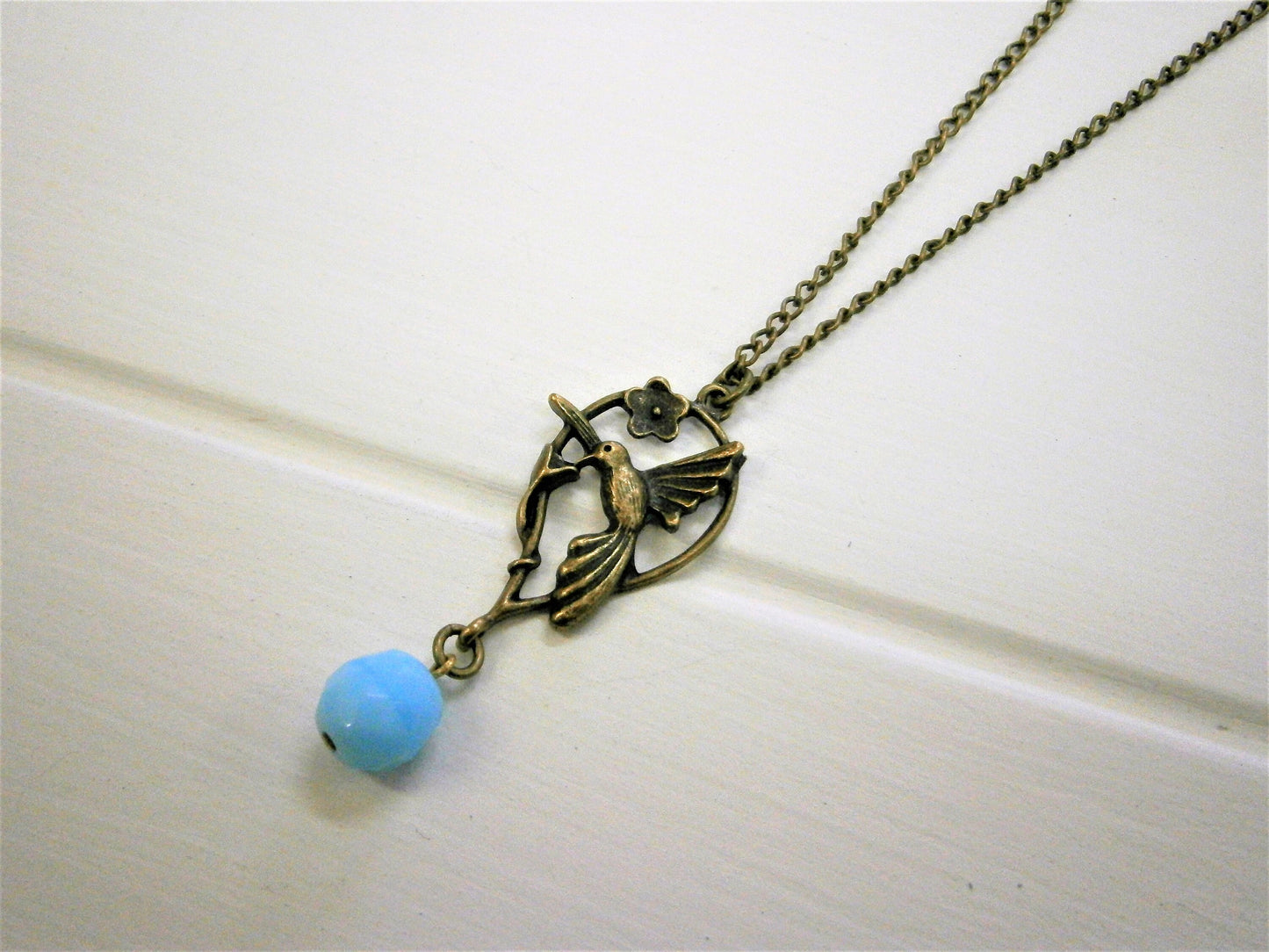 Humming Bird Necklace/Antique Bronze Humming Bird Teardrop Necklace/Woodland Necklace/Boho Necklace/Vintage Inspired/Nature Inspired Jewelry