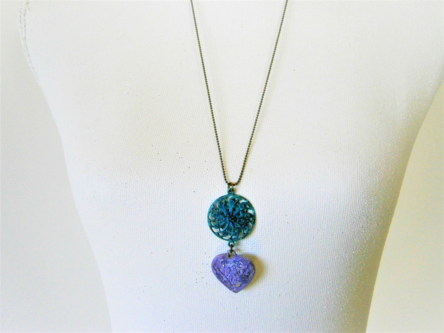 Verdigris/Turquoise Patina Round Filigree & Amethyst Embossed Patina Heart on Antique Bronze Ball Chain/Long Necklace/Patina Necklace