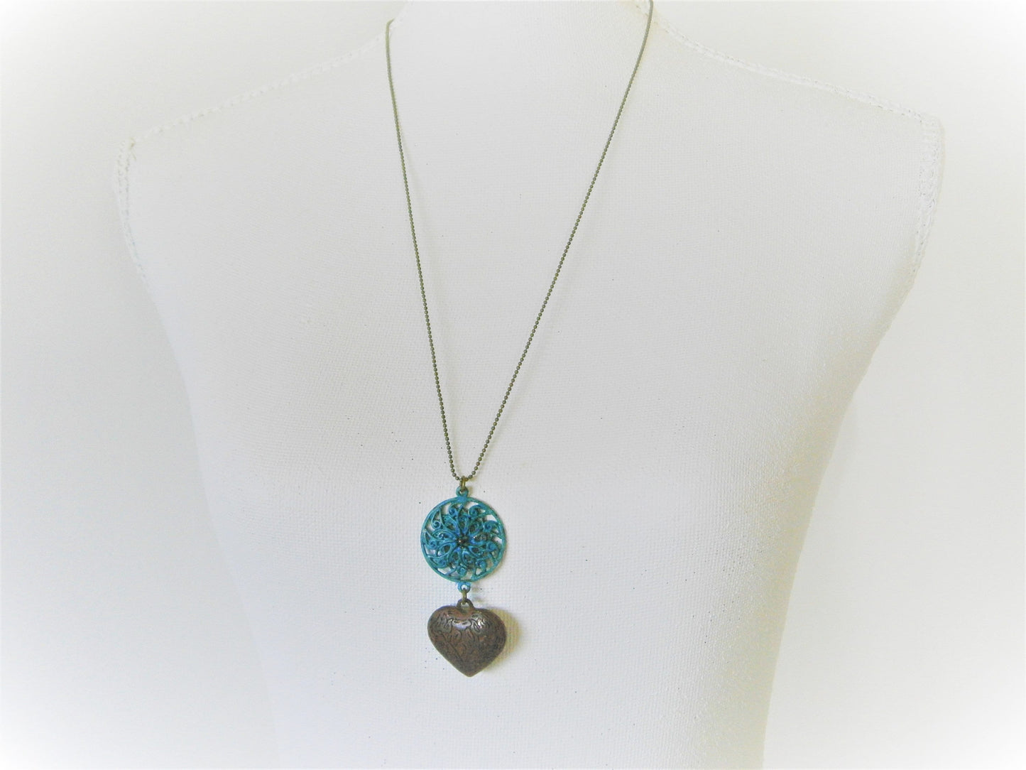 Blue Patina Round Filigree and Red Embossed Patina Heart on Antique Bronze Ball Chain/Boho Necklace/Long Necklace/Patina Necklace/Necklace