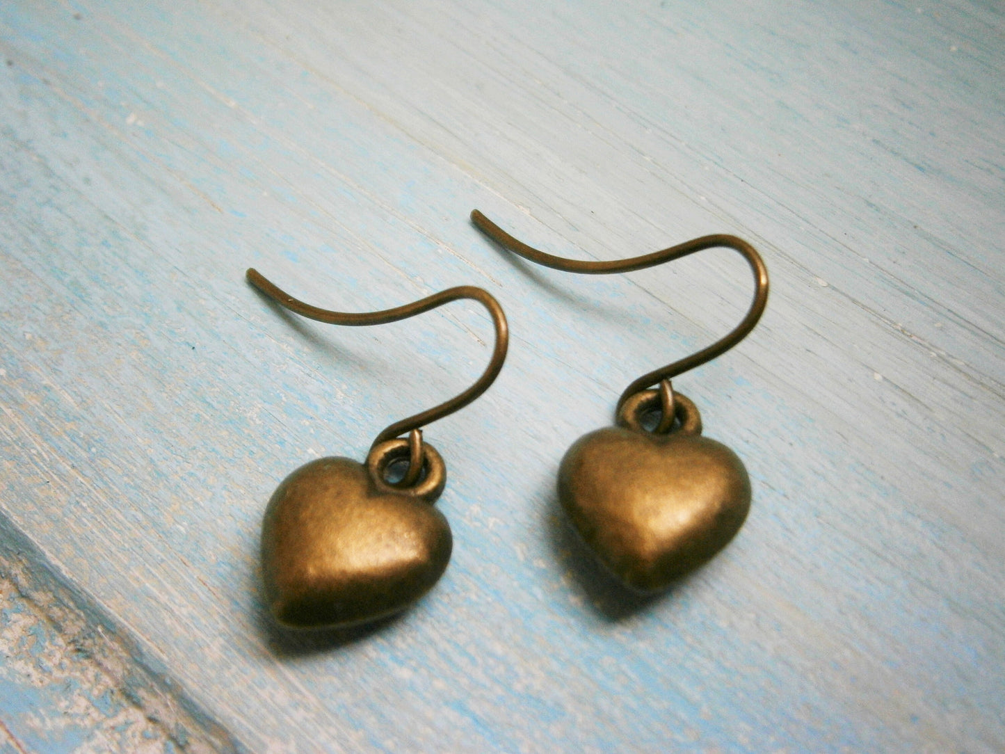 Antique Bronze Solid 3D Heart Charm On Antique Bronze French Earring Hooks/Heart Earrings/Romance Earrings/Steampunk Jewerly/Boho Earrings